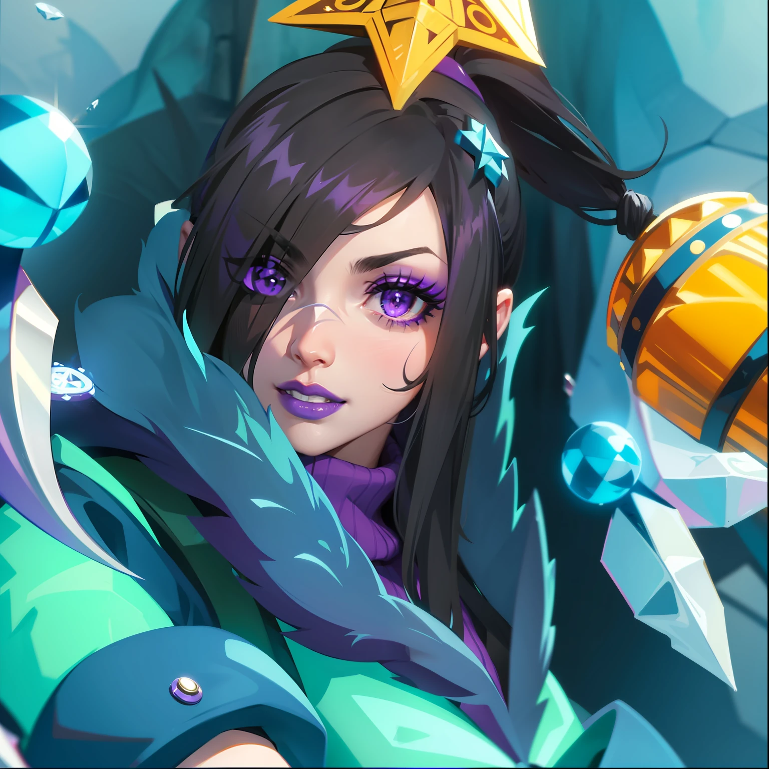 A female mage，cabelos preto e longos，Single ponytail，The right eye is blocked by hair，He wears a pentagram headdress on his head，Purple eye，dark violet lipstick，Wear a purple sweater underneath，Wear a down jacket outside