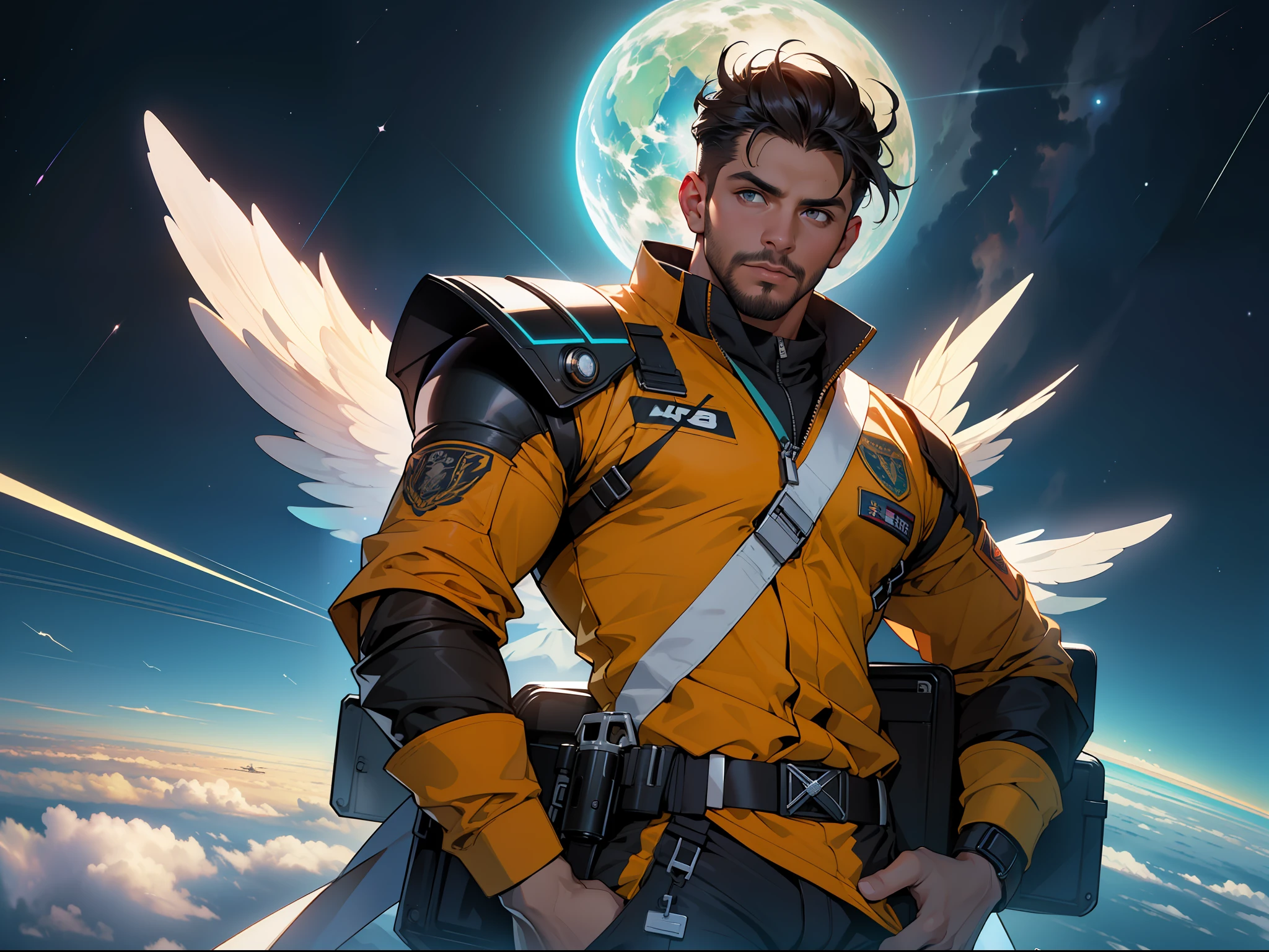 guapo un hombre mexicano piel canela (((guapo)) ojos color miel ceja poblada barba poblada y 
larga prominente con uniforme de piloto espacial contempla las estrellas junto a 
 8k, hiperrealista, todo parece un renderizado de motor irreal ((Vista de cuerpo completo)) Pose caliente perfecta para el, , Como estilo de renderizado de motor irreal, aesthetic, Sorprendentemente hermoso momento sincero, full body, vintage aesthetic, cuerpo completo,35mm film feel, 16k, lumen –ar 9:16 –v 5.1 –q 2 –c 6 –style raw