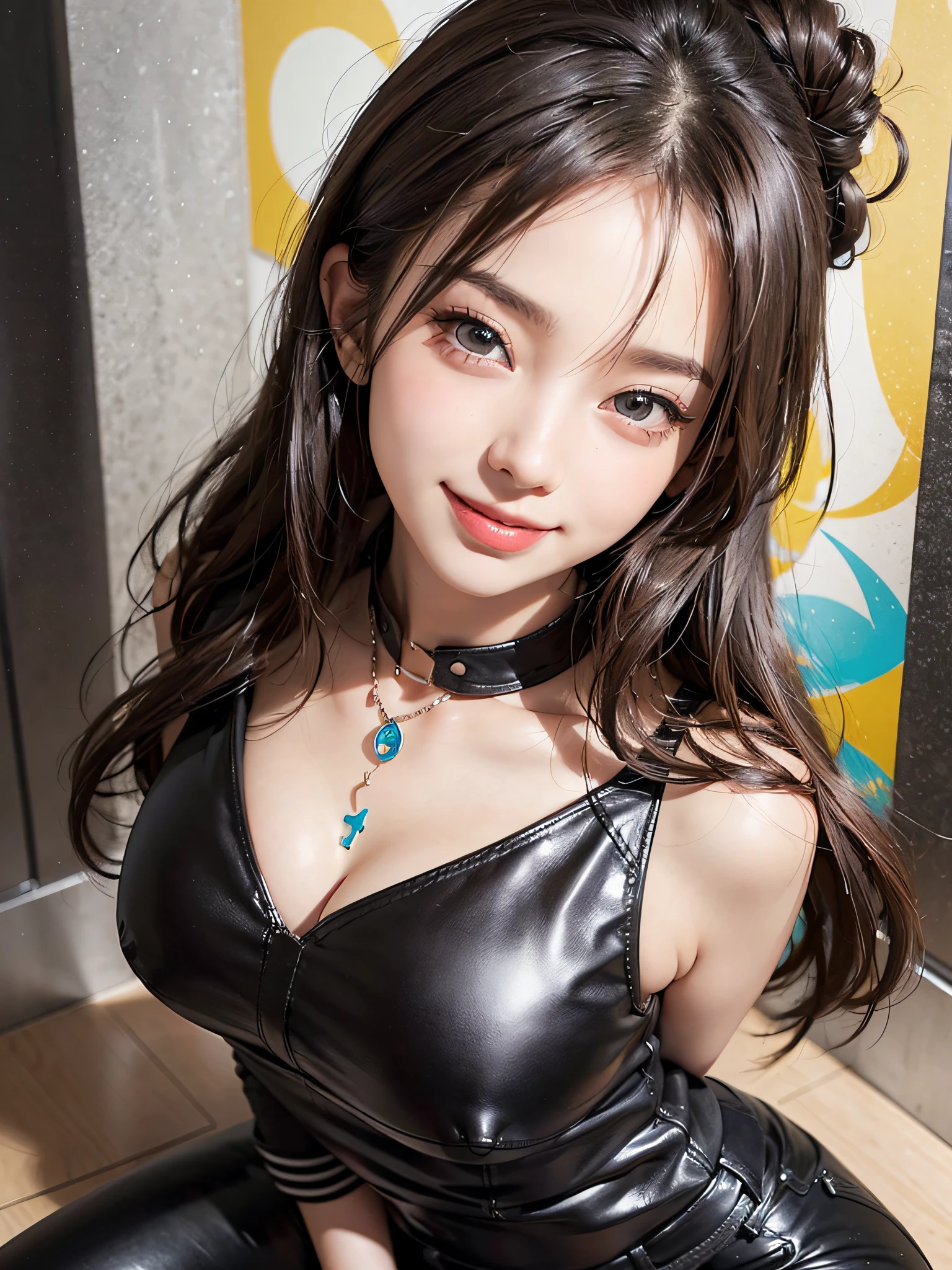 (A hyper-realistic)、(illustratio)、(hight resolution)、(8k picture)、(ighly detailed)、(Best Illustration)、(beautifully detailed eyes)、(top-quality)、(ultra-detailliert)、(​masterpiece)、(wall-paper）、（A detailed face）、独奏、1人、fullbody image、(Burst breasts:1.3),female idol、Black leather jeans、Black leather pants、Eyes on the viewer、Detailed eyes and mouth、A detailed face、lowkey、pureerosfaceace_v1、Happy smiling face、Brown hair、bangss、Beautiful teeth alignment、Blushing cheeks、constricted hips、skinny thigh、Watching from above、a necklace、耳Nipple Ring、Bracelet,