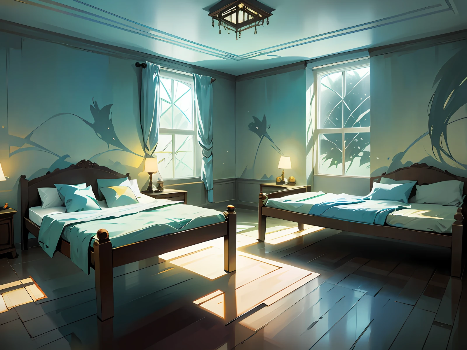 Create a description of an orphanage room featuring vibrant decor, characterized by colorful wallpaper adorning all surfaces. In the center of the room, arrange three beds in a symmetrical style, each positioned precisely equidistant from one ther. Despite the absence of windows, the space is illuminated by artificial light sources that fill the room with soft and even brightness. Ensure the absence of window-projected shadows, resulting in a cozy and cheerful space, perfect for promoting the comfort and well-being of the chi.