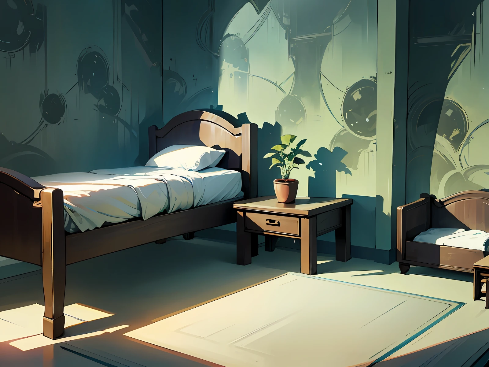 Create a description of an orphanage room featuring vibrant decor, characterized by colorful wallpaper adorning all surfaces. In the center of the room, arrange three beds in a symmetrical style, each positioned precisely equidistant from one another. Despite the absence of windows, the space is illuminated by artificial light sources that fill the room with soft and even brightness. Ensure the absence of window-projected shadows, resulting in a cozy and cheerful space, perfect for promoting the comfort and well-being of the children.