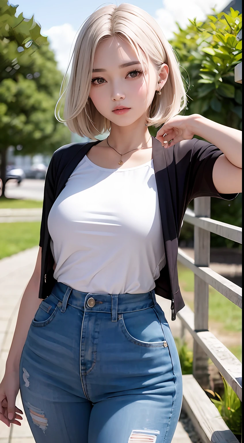 A woman(独奏),with brown eye,with short white hair,The face of an 18 year old girl,Naughty sneer,Curved body,(Complicated details),short blouse(Adidas:2.0),décolleté,shorter pants,(little breast:1.0),(big assa:2.0),(Wide hip circumference:1.2),self-shot,Strike a defiant pose,(Backyard background)。