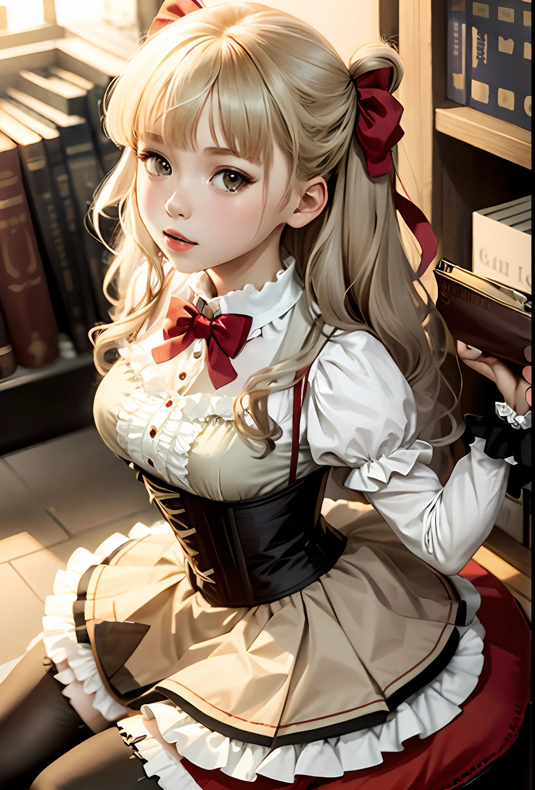 1girl, solo, long hair, thighhighs, book, bookshelf, frills, long sleeves, looking at viewer, high heels, book stack, black thighhighs, sitting, center frills, red bow, black footwear, brown eyes, bow, bangs, puffy sleeves, juliet sleeves, skirt, dress, hair ornament, frilled sleeves, shirt, full body, corset, blonde hair, ribbon, bowtie, indoors, red bowtie, breasts, frilled thighhighs, (masterpiece,best quality)