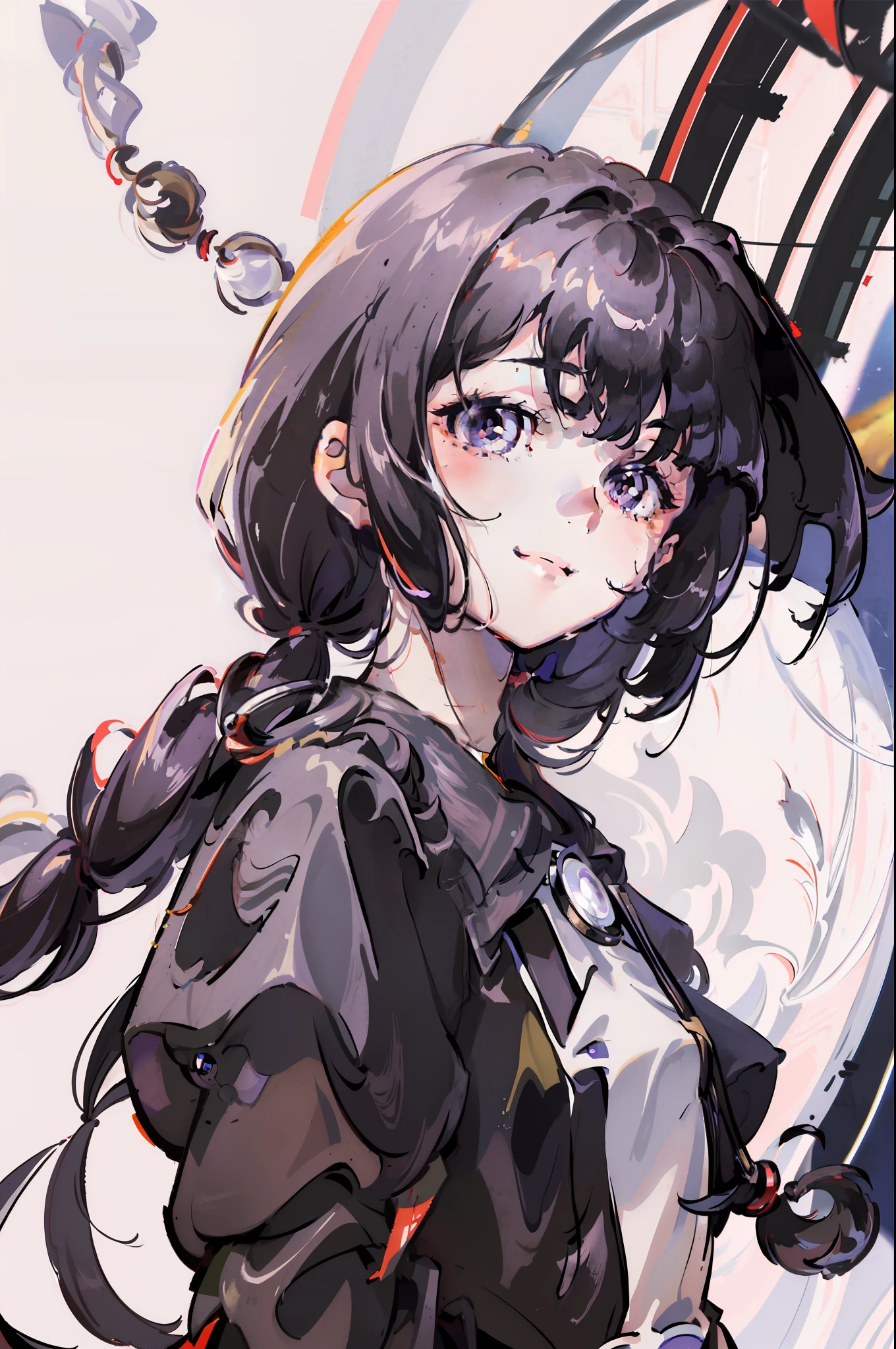 masterpiece, best quality, Homura,bangs,black hair, hair bobbles, light smile, streaked hair, mole under eye, glint, anime style, best quality,upper body,hair strand,Fair skin,side braids