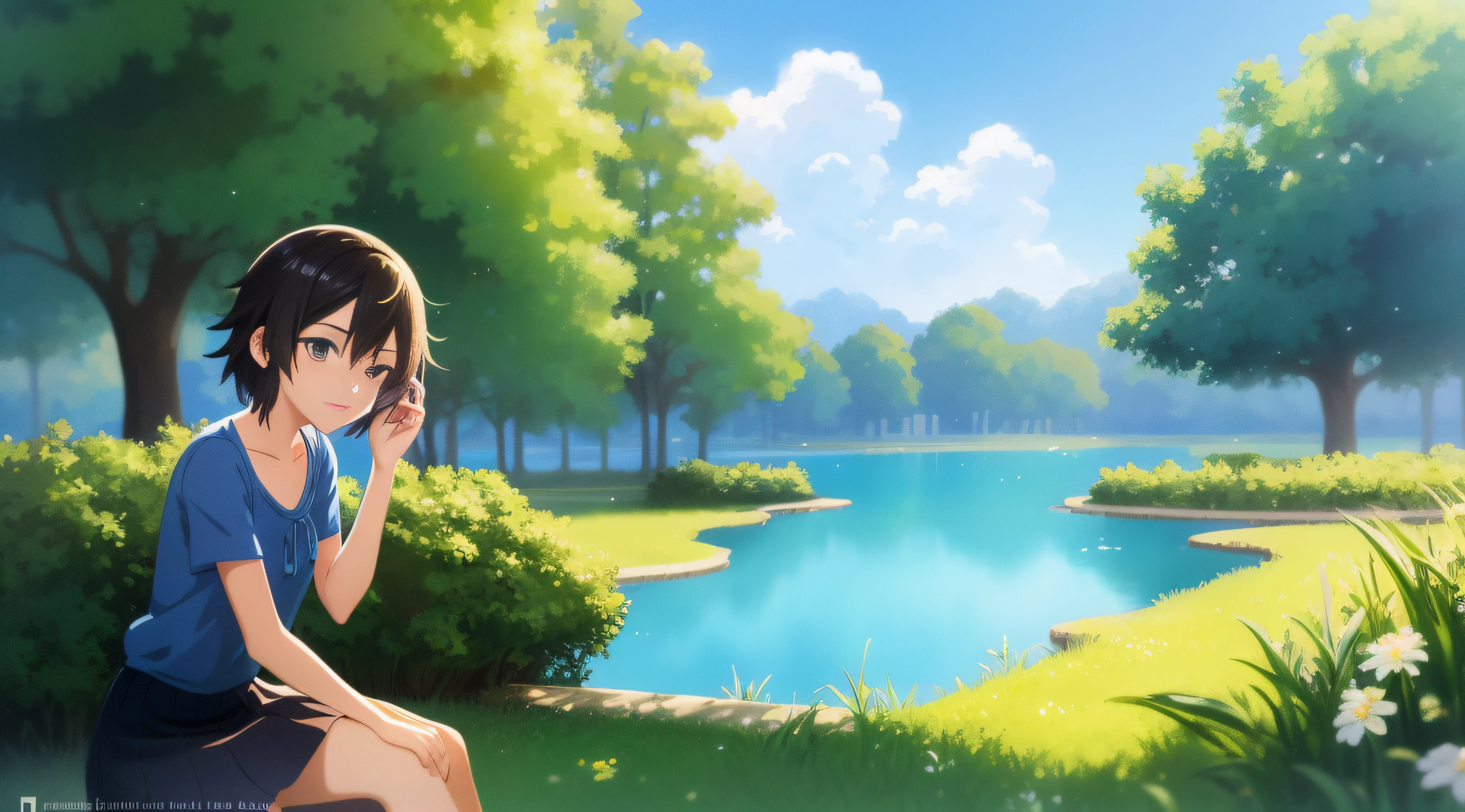 Anime girl sitting on grass by lake talking on the phone, drawn in anime painter studio, Makoto Shinkai Cyril Rolando, makoto shinkai art style, Guviz-style artwork, made with anime painter studio, beautiful anime girl crouching, realistic anime artstyle, Ilya Kuvshinov landscape, sitting at a pond