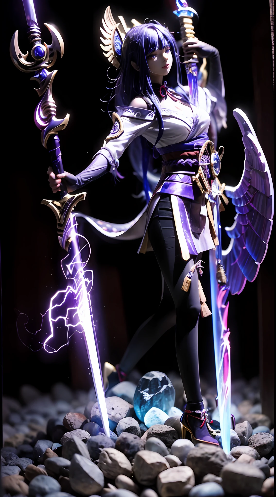 Crystal sculpture of female character holding purple lightning sword,Facial features are perfectly depicted,It was filled with a brightly colored liquid,It is illuminated by a pair of glowing angel wings on the back,Style model 1