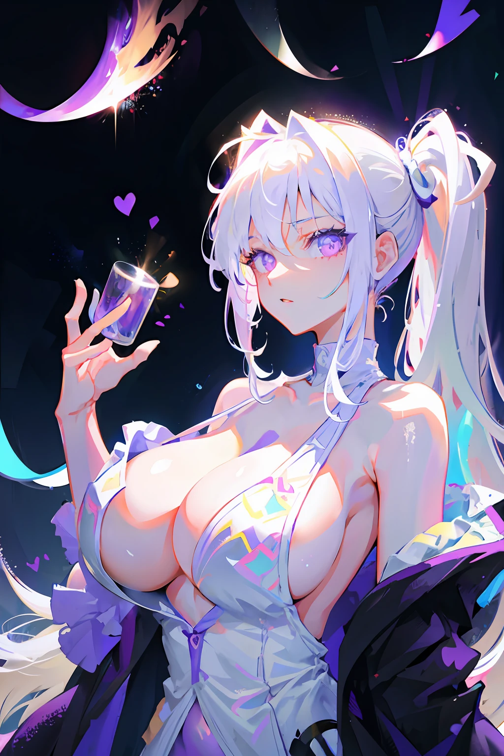 1girll, White hair, Purple eye, Bare chest,gigantic cleavage breasts,sportrait, photorealestic, Towels, (Onsen), side-lighting, the wallpaper, NSFW,
