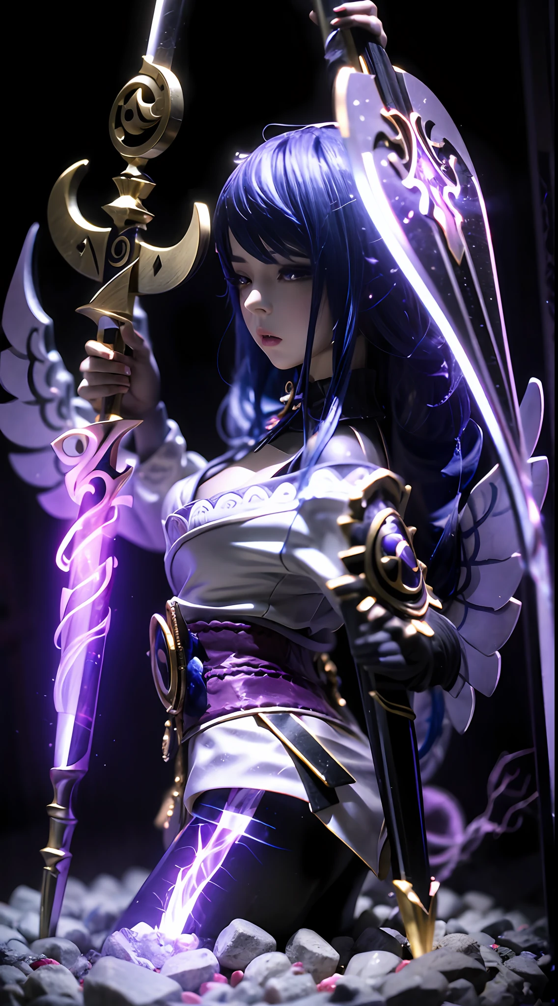 Crystal sculpture of female character holding purple lightning sword,Facial features are perfectly depicted,It was filled with a brightly colored liquid,It is illuminated by a pair of glowing angel wings on the back,Style model 1