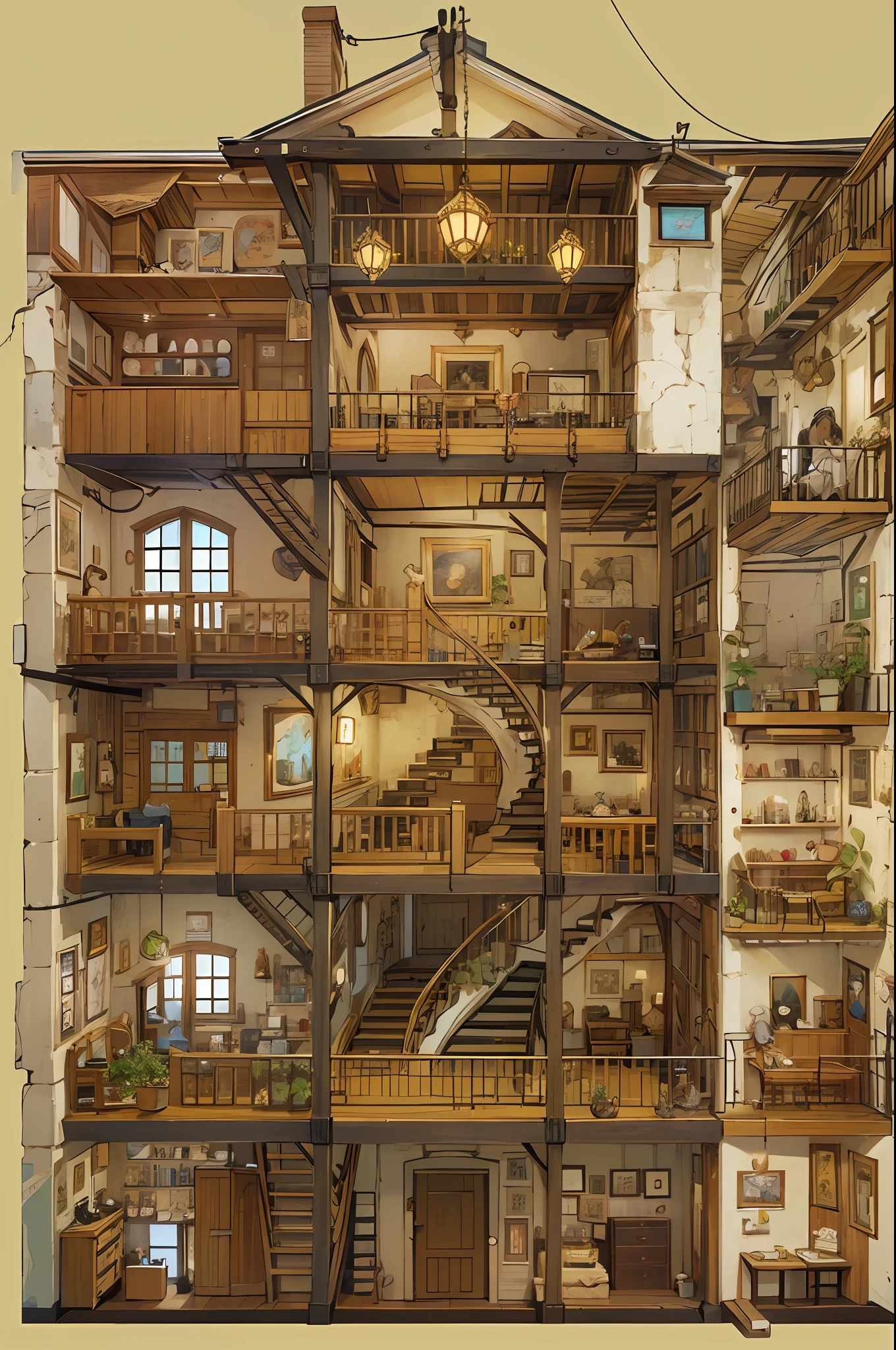 profile view（Interior of a four-story building）、Multiple rooms are neatly arranged，Medieval cartoon style，（Conceptual digital art，The is very detailed，reasonable design，Clear lines，k hd，The best quality，tmasterpiece，超高分辨率，4K）