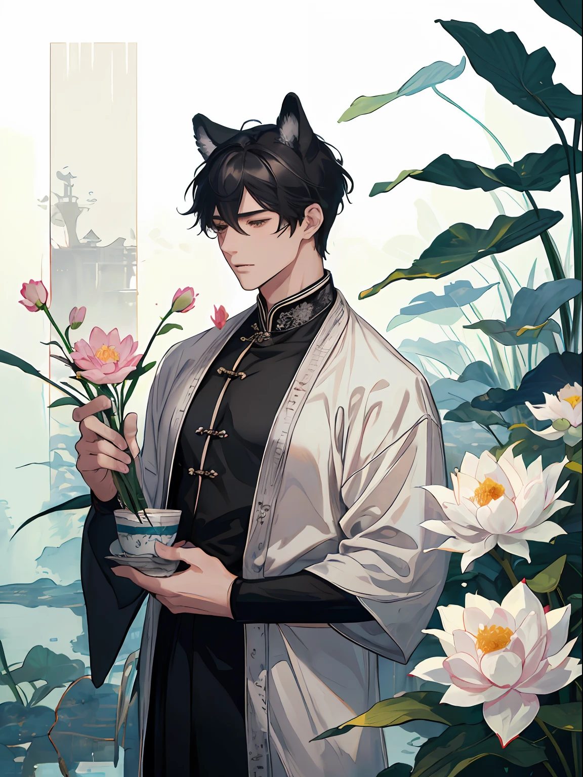 ((4K、masterpiece、top-quality))、(Two men in an intimate manner)、Gray-haired man with beautiful fox ears、Strong man with black hair with wolf ears、ink and watercolor painting、Traditional Chinese Ink Painting、lotuses、Hanfu、Maxi Kit、Dress conservatively、Animal ears,、bule、florals、Lots of flowers nearby、shenron、extra detailed face