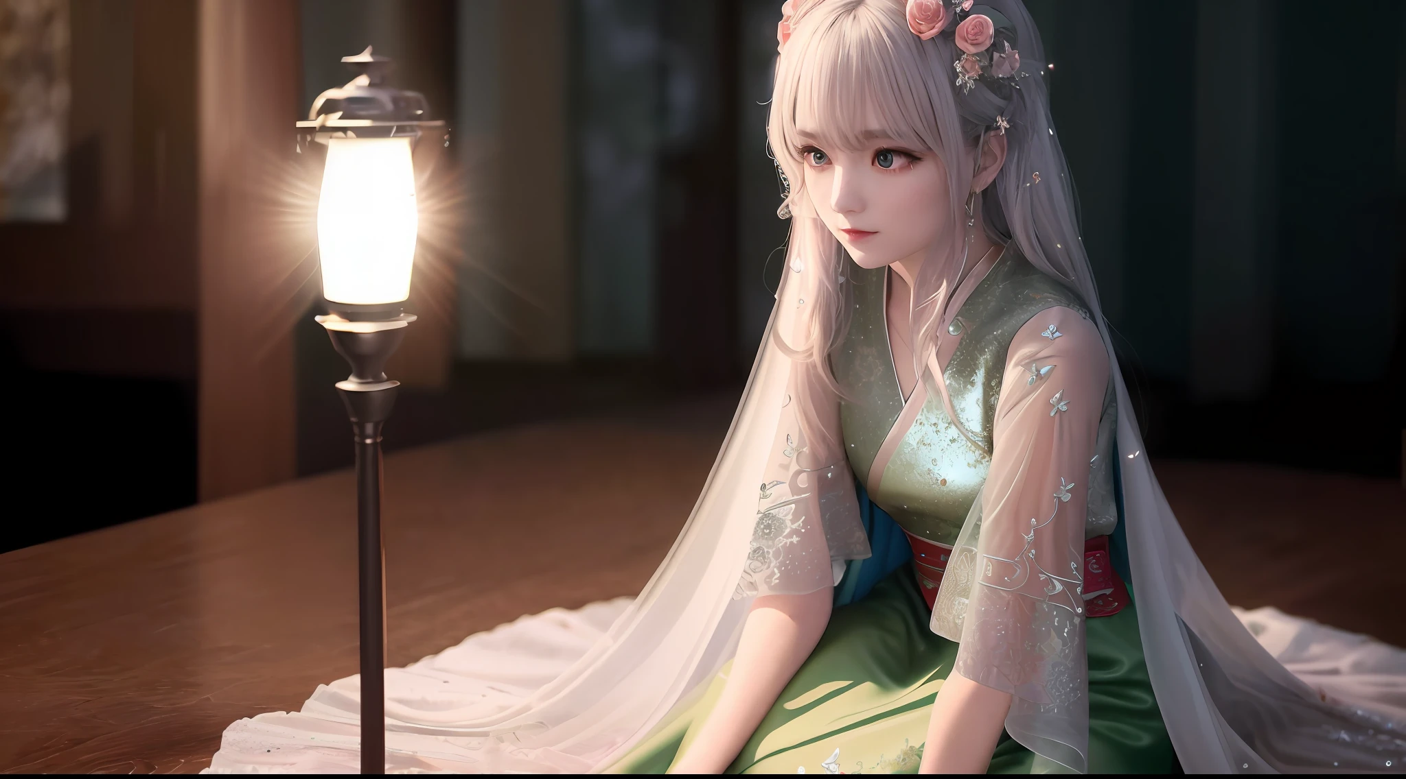 There is a girl in a green dress, plum blossoms, palaces, oriental architecture ray tracing, {best quality}, {{masterpiece}}, extremely detailed 8K wallpaper, {an extremely delicate and beautiful}, colorful, intricately detailed, Realistic, real, camera quality, (detailed depiction of clothes), cool white skin, (detailed depiction of blush), 1080p, sun, soft cuteness, smooth light silver hair, messy beauty, lighting, broken feeling, bright and silky skin , 3D stereoscopic, masterpiece, best quality, super fine illustration, beautiful eyes, very fine light, fine glow, very fine 8K CG wallpaper, peach eyes, red pupils, an extremely delicate and beautiful girl, 8k Wallpaper, best quality, full body close-up, white long dress, luxurious silky bright red chiffon floodlight (magic, glitter, ultra-thin, soft,) Hanfu