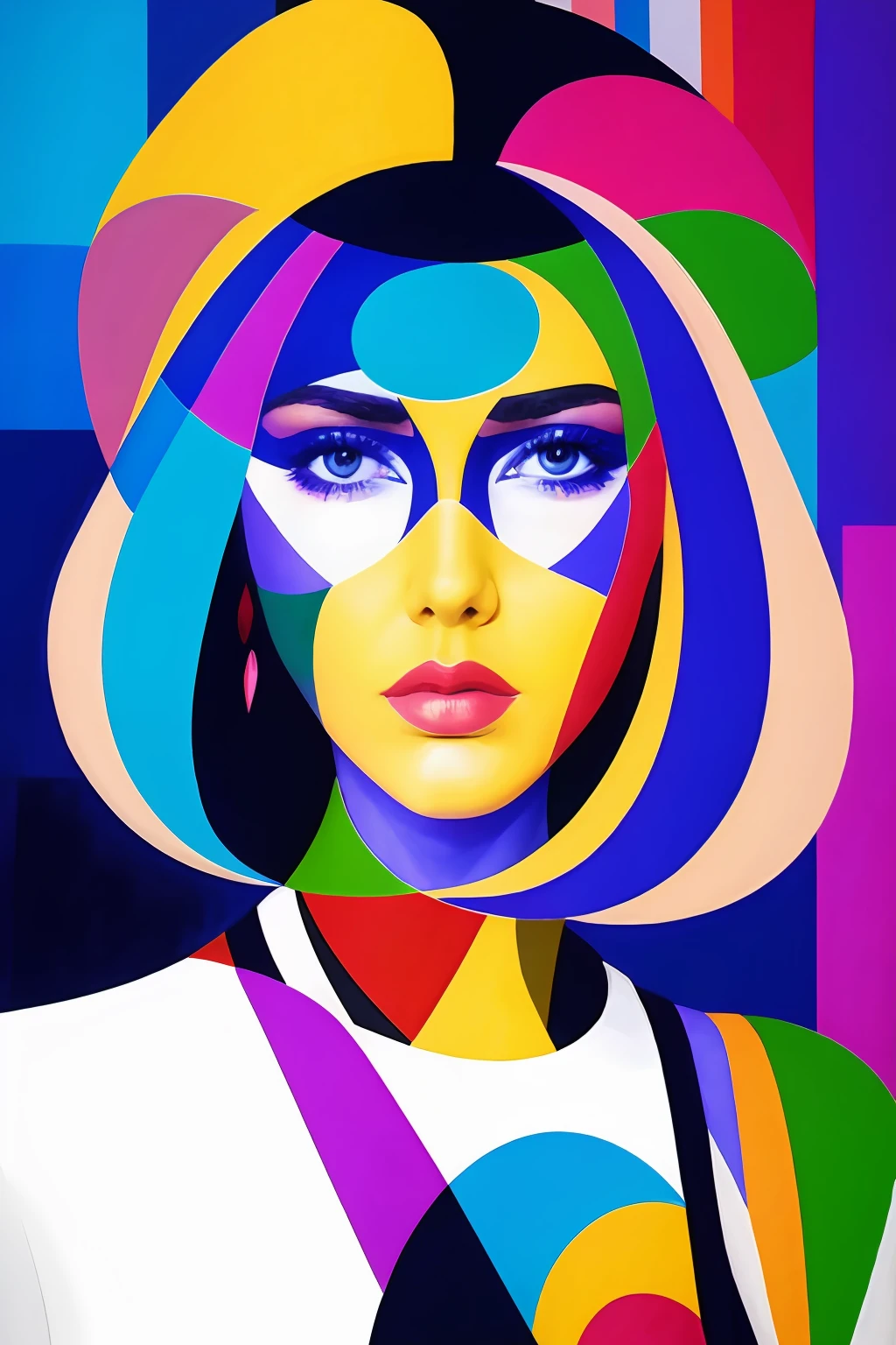 Abstract artwork that uses colorful overlapping shapes to create a portrait of a beautiful female. The look should be inspired by the unique painting styles found in cubism with an emphasis on texture and intricate detail including hand - drawn typefaces& organic flourishes around the eyes, cheeks& nose