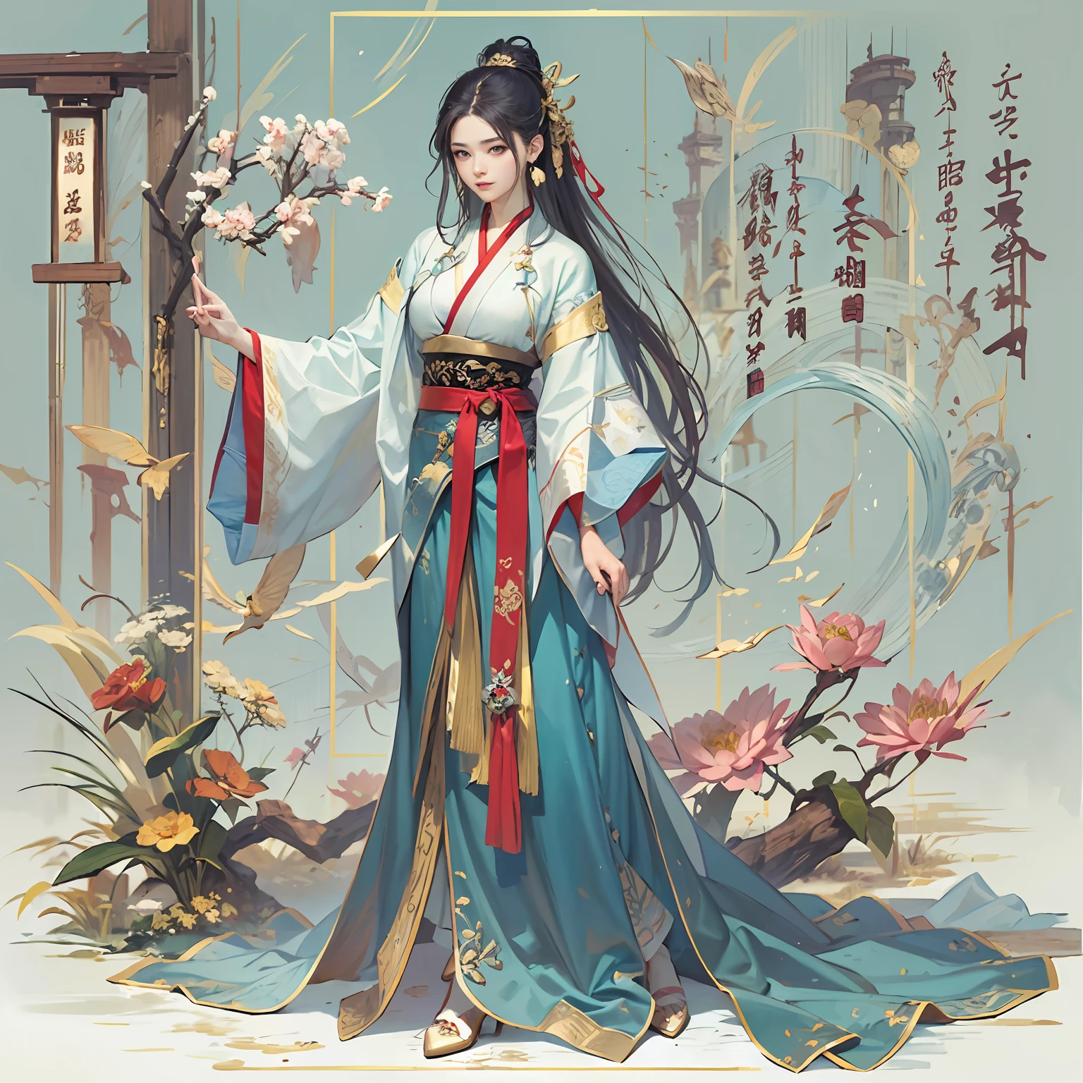 ((4K,Masterpiece,Best quality)),lotuses, Hanfu, maxikit, Dress conservatively 1girl, Solo, Blue long hair, ssmile, standing on your feet,flowy，knight-errant，wine jugs，sword，Walk in righteousness，knight-errant，Change，martial art pose，Kung Fu Movements，Bigchest，Thin waist and thick hips，Charming，Moving，Enchanted，seductiv，Impeccable，prette，Fine，National style💘，Martial arts style，juicy legs，Hanfu elements，classical，nice hand，delicated，the detail，Texture，