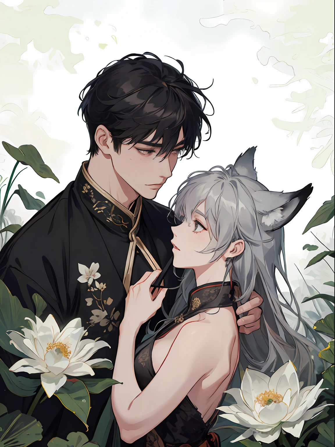 ((4K、masterpiece、top-quality))、(Two men in an intimate manner)、Gray-haired man with beautiful fox ears、Strong man with black hair with wolf ears、ink and watercolor painting、Traditional Chinese Ink Painting、lotuses、Hanfu、Maxi Kit、Dress conservatively、Animal ears,、bule、florals、Lots of flowers nearby、shenron、extra detailed face