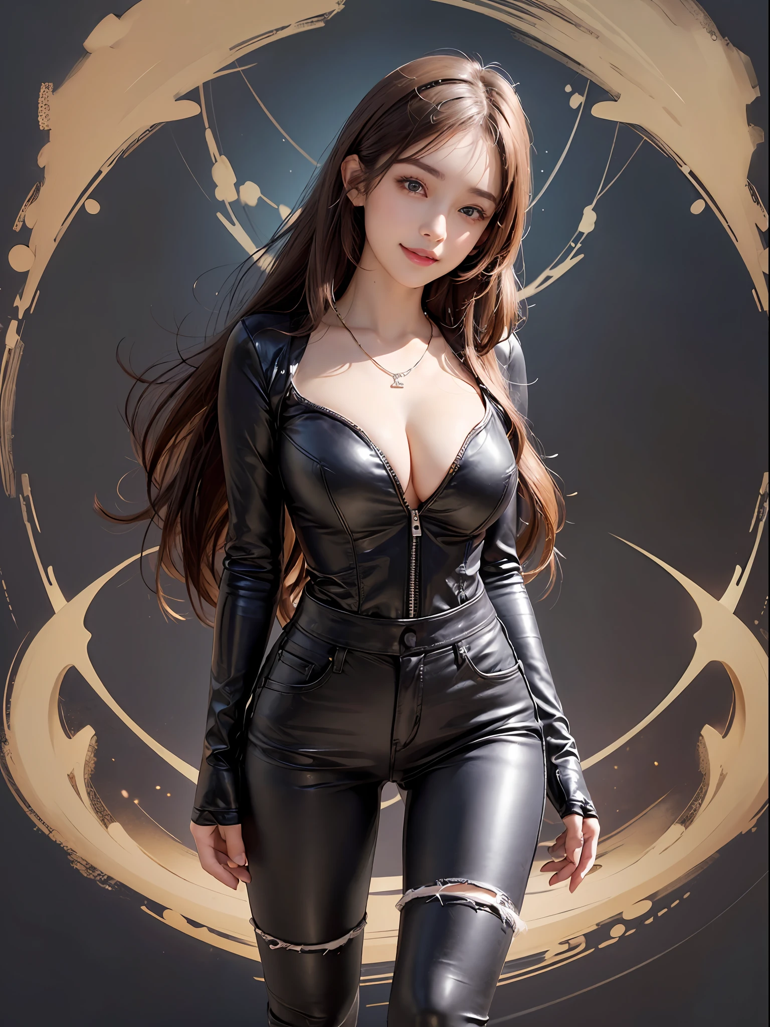 (A hyper-realistic)、(illustratio)、(hight resolution)、(8k picture)、(ighly detailed)、(Best Illustration)、(beautifully detailed eyes)、(top-quality)、(ultra-detailliert)、(​masterpiece)、(wall-paper）、（A detailed face）、独奏、女の子1人、fullbody image、(Burst breasts:1.3),female idol、Black leather jeans、Black leather pants、Eyes on the viewer、Detailed eyes and mouth、A detailed face、lowkey、pureerosfaceace_v1、Happy smiling face、Brown hair、bangss、Beautiful teeth alignment、Blushing cheeks、constricted hips、skinny thigh、Watching from above、a necklace、耳Nipple Ring、Bracelet,