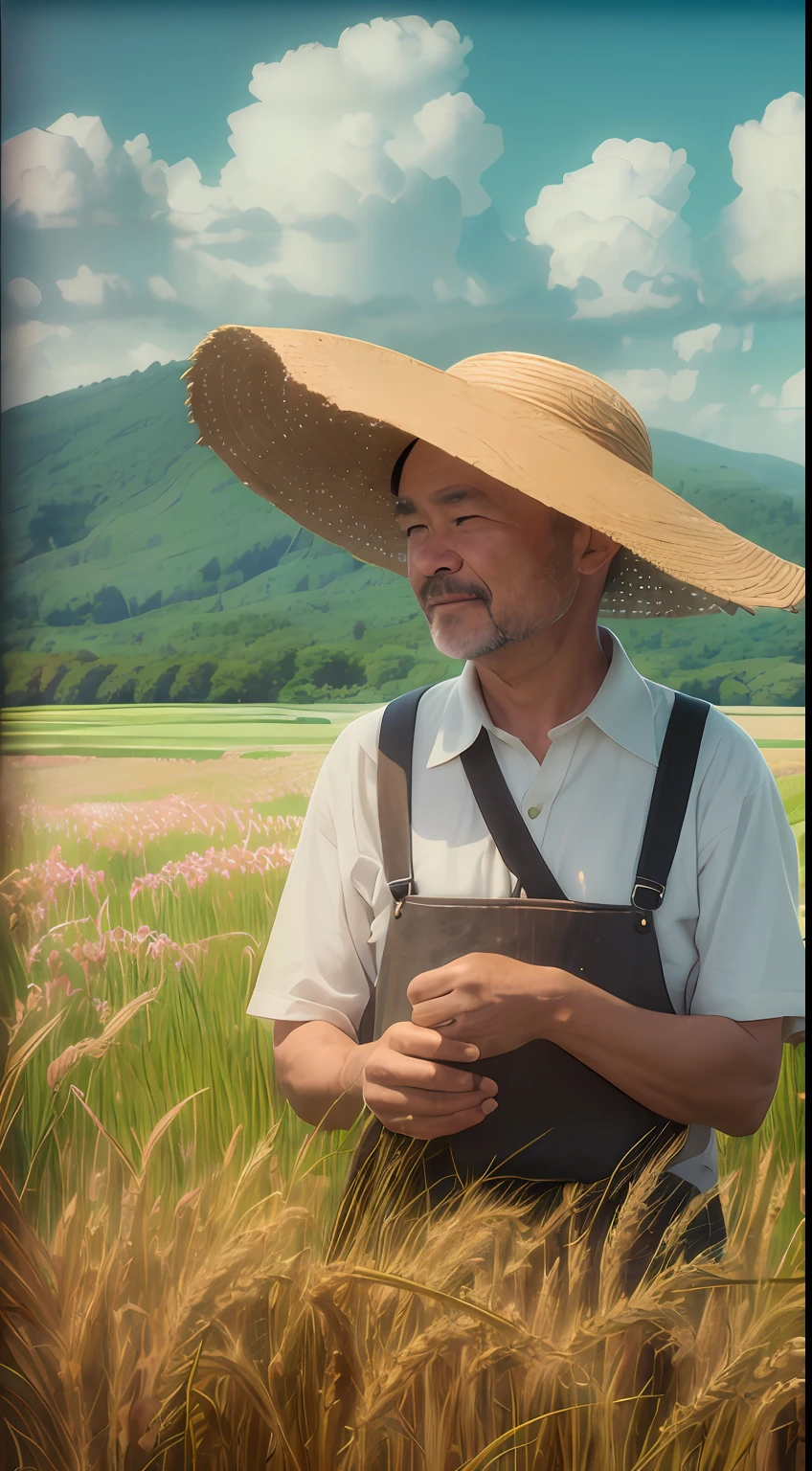 A farmer uncle with a straw hat stands in a wheat field, high detail, big clouds, blue sky, rice field, neat rice seedlings in the field, forest, hillside, secluded, rural, HD detail, hyperdetail, cinematic, surrealism, soft light, deep field focus bokeh, ray tracing and surrealism.