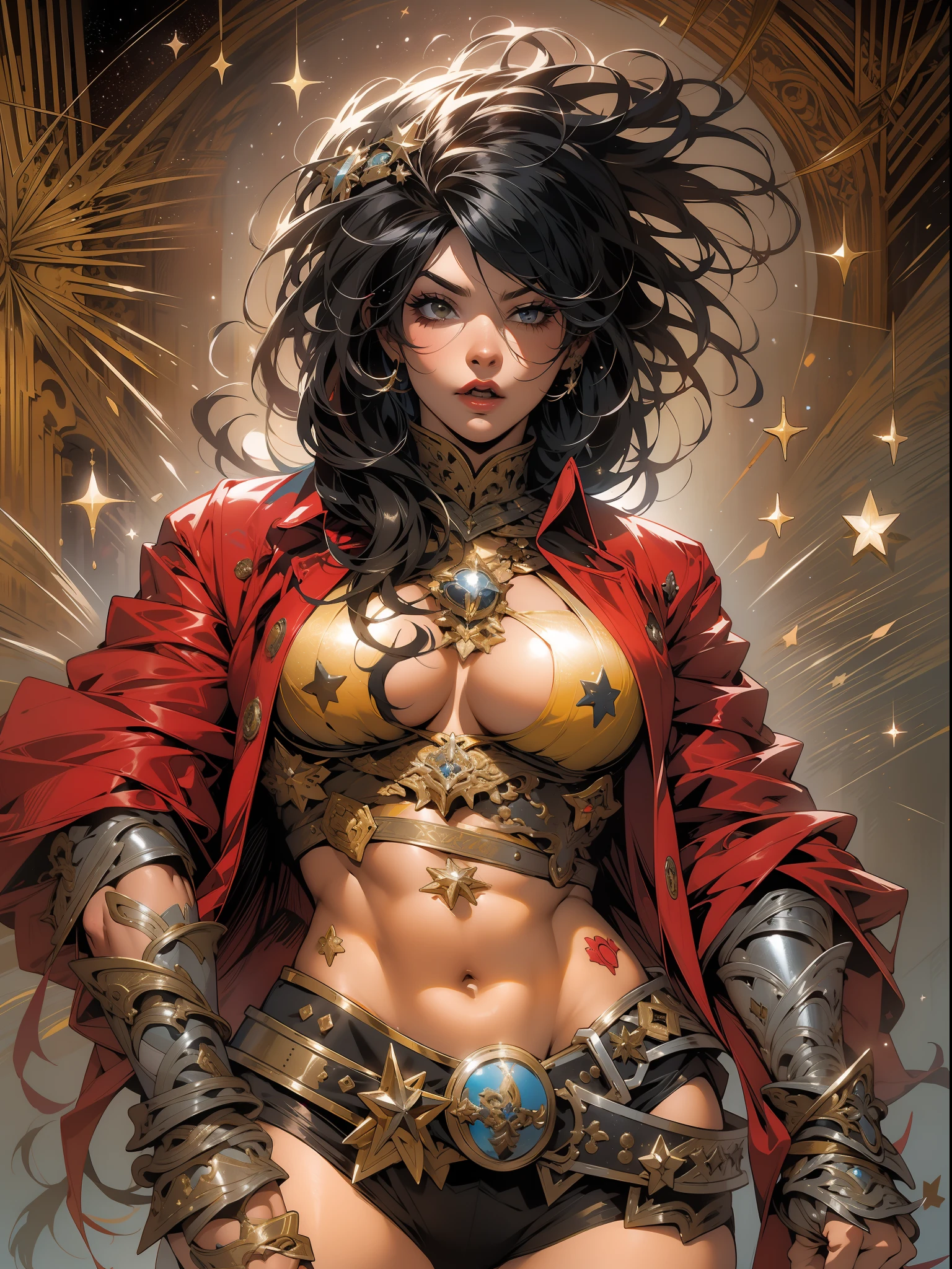 (((mulher))), (((melhor qualidade))), (((obra prima))), (((adulta))), Uma guerreira mulher de 35 anos com corpo perfeito, She-Lobo, (( under boobs )), quase nua no estilo selvagem urbano de Simon Bisley para a capa da revista Heavy Metal, cabelo loiro, Minimum clothing, armadura (vermelho escuro com estrelas brancas), cheio de pontas e rebites manchadas de tinta, tatuagem de estrelas de 5 pontas, (((corpo inteiro))), cabelo curto, nijistyle