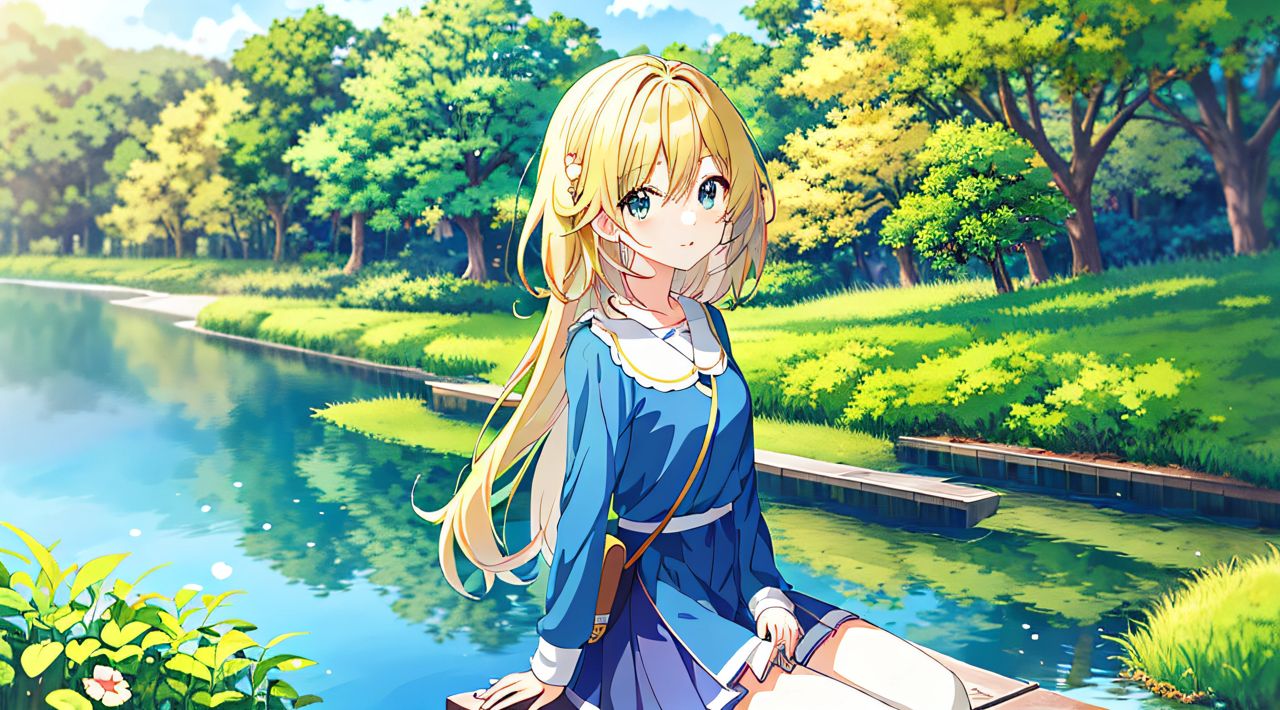 Anime girl sitting on bench in pondside park, sitting at a pond, Smooth anime CG art, Beautiful anime girl, Anime Nature, sittinng on the river, Beautiful anime, anime visual of a cute girl, Beautiful anime style, anime beautiful peace scene, drawn in anime painter studio, pretty anime girl, amazing wallpapers, Digital anime art, beautiful anime art style