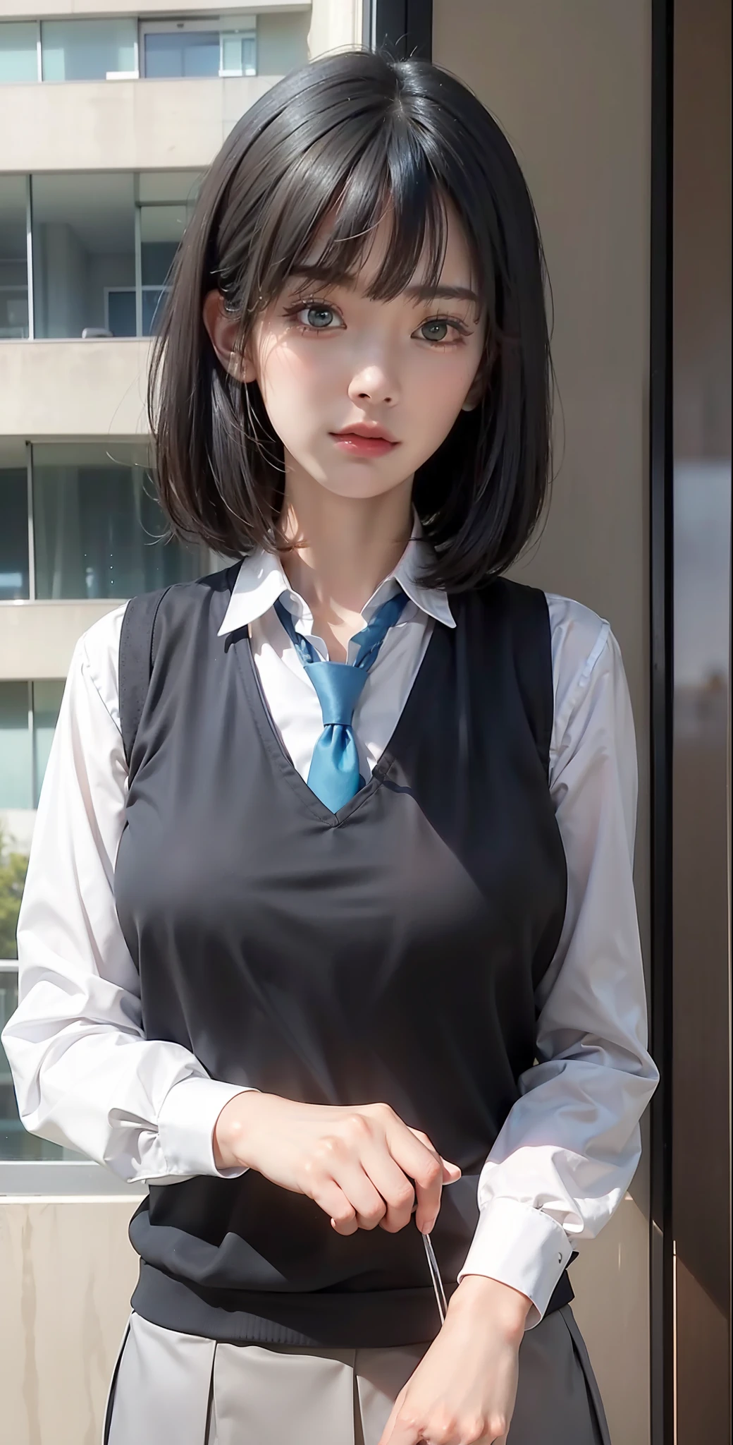 Masterpiece, 1 beautiful girl, detailed eyes, swollen eyes, top quality, super high res, (Reality: 1.4), cinematic lighting, Japanese, Asian beauty, Korean, very beautiful, beautiful skin, slender, body facing forward, (super realistic), (high res), (8K), (very detailed), ( Best Illustration), (beautifully detailed eyes), (super detailed), (wallpaper), detailed face, bright lighting, professional lighting, looking at viewer, facing straight ahead, neat clothes, short hair, blue hair, pureerosfaceace_v1, 46 point slanted bangs, hotel room with morning sun in the background, window The background is a hotel room with the morning sun shining through the window, a clear ocean outside, and an angle from the waist up, green eyes
