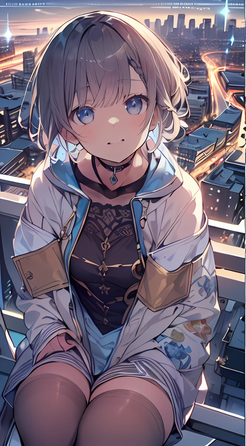 masutepiece, Best Quality,Illustration, Wallpaper, Ultra Detail, absurderes, 1loli, Solo, (Medium short hair、short braided hair), Beautiful detailed eyes , (Street), luminous sky,(a panoramic view:1.3),(Sense of depth:1.5)