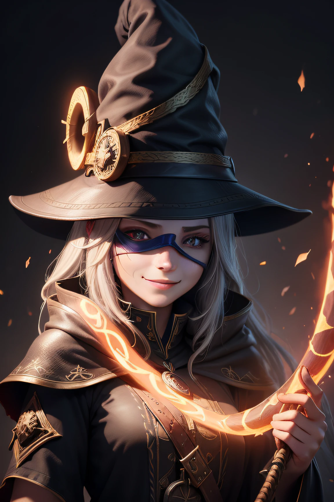 Mage hat with blindfolded eyes,Snake pupils,Smiling face,Stoic expression,Covered with,color difference,lightand shade contrast,concept-art,8K,retinas。