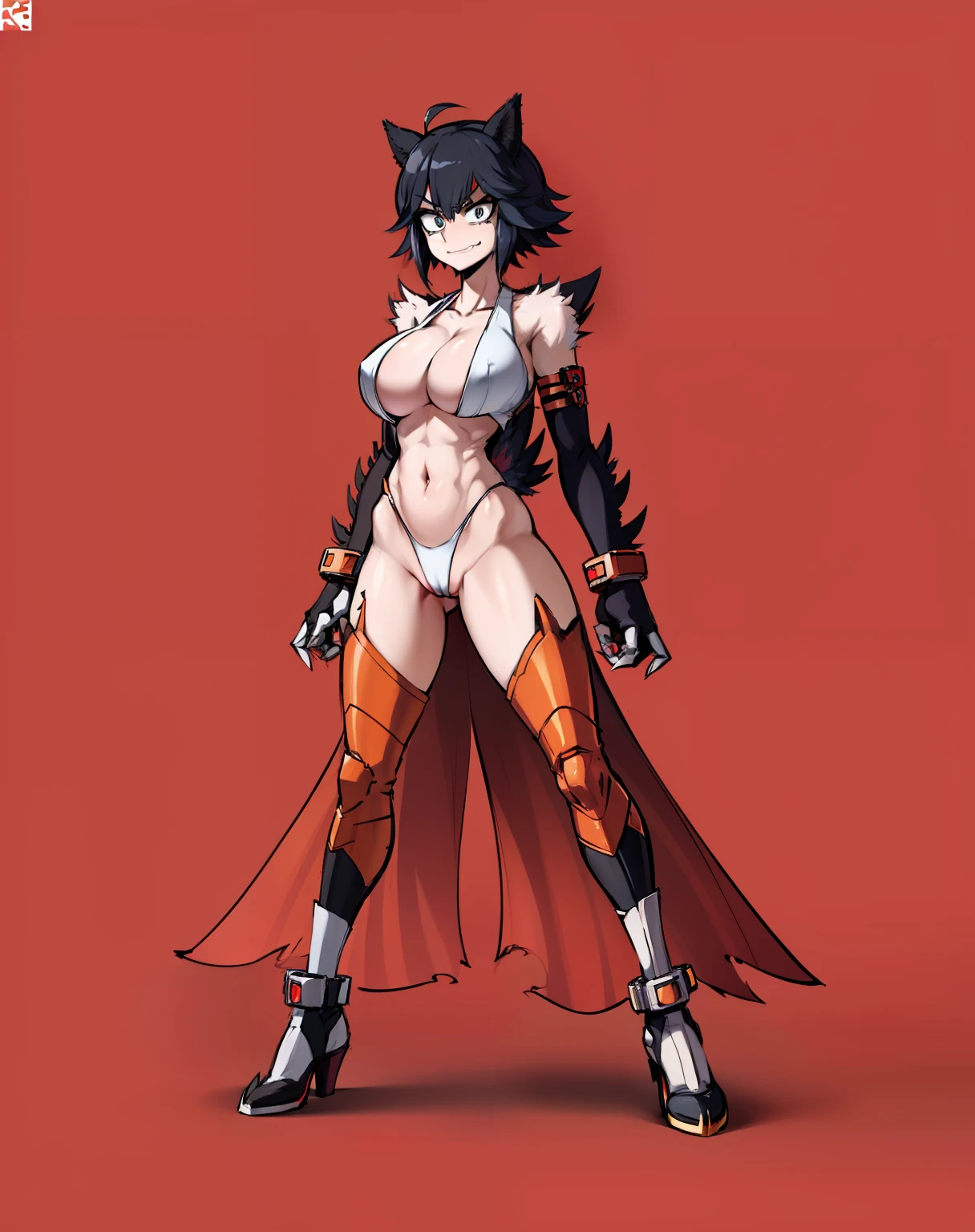My Hero Academia style, anime girl, 1girl, female, ryuko matoi, hero suit, full body suit, trending on artstation pixiv, kill la kill, sharp claws, arms of black fur, anime girl with a honey badger costume, humanoid honey badger, furry, claws, fur, large breasts, (ripped clothes), masterpiece, black fur legs, white skin, short hair, white panties, female protagonist 👀 :8, white tank top, blue eyes, aggressive smile, thing, navel, big boobs, killing bites.