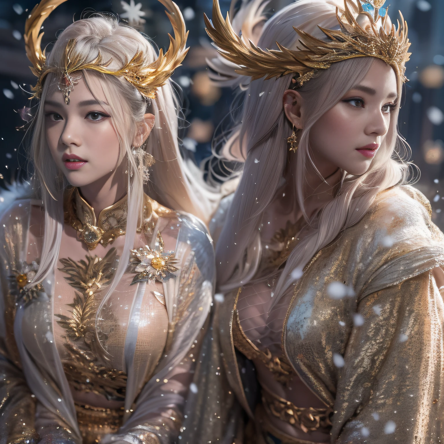 16k(tmasterpiece,k hd,hyper HD,16k)short detailed hair,Vintage train sleeper area,Snow Circle Girl ,Two Golden Dragon Protectors (realisticlying:1.4),Python robe,Purple-pink tiara,Snowflakes fluttering,The background is pure, A high resolution, the detail, RAW photogr, Sharp Re, Nikon D850 Film Stock Photo by Jefferies Lee 4 Kodak Portra 400 Camera F1.6 shots, Rich colors, ultra-realistic vivid textures, Dramatic lighting, Unreal Engine Art Station Trend, cinestir 800,
