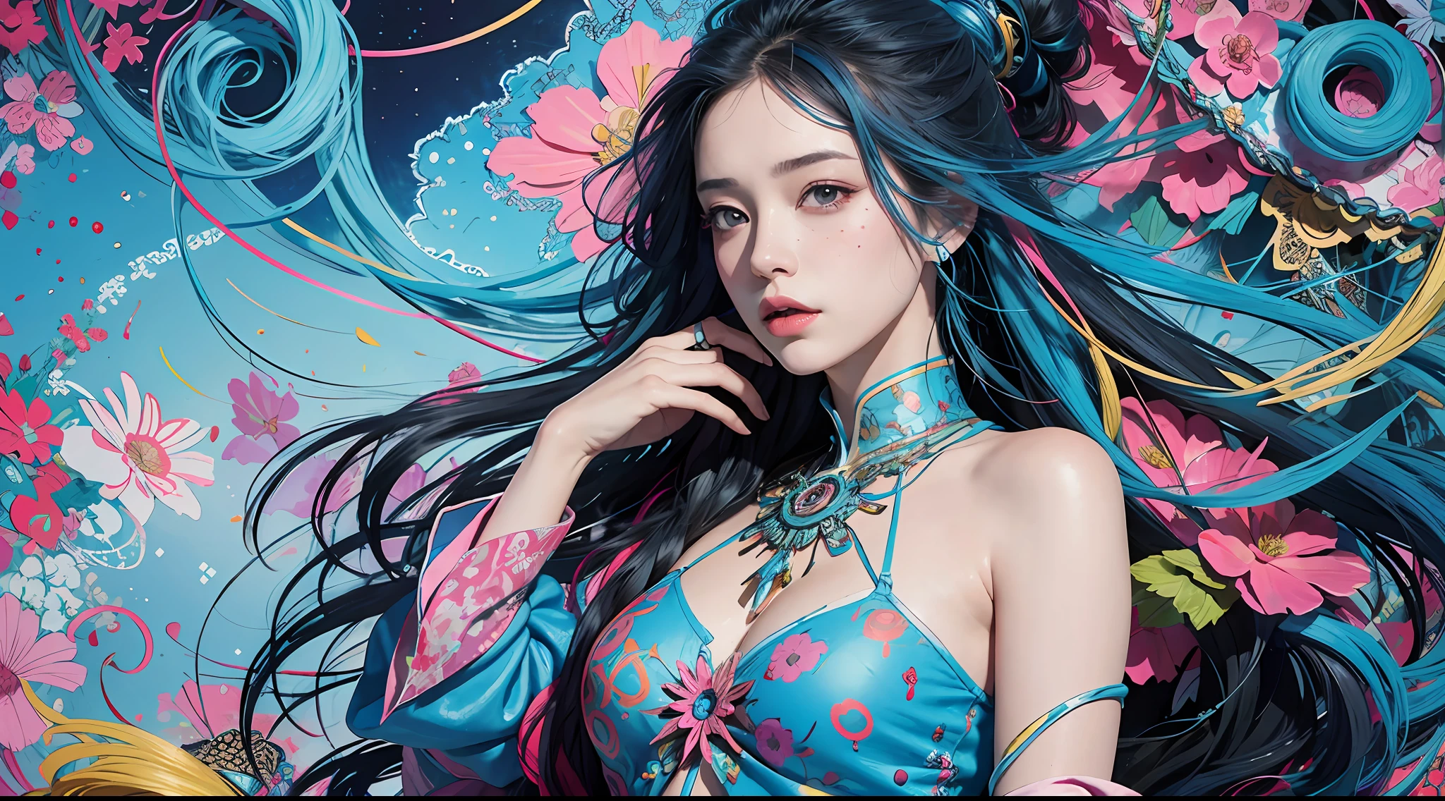 a woman with blue hair wearing a colorful outfit and a colorful background with paint splatters on it, by Hirohiko Araki,official art, unity 8k wallpaper, ultra detailed, beautiful and aesthetic, masterpiece, best quality, (zentangle, mandala, tangle, entangle), 1girl, extremely detailed, dynamic angle, cowboyshot, the most beautiful form of chaos, elegant, a brutalist designed, vivid colours, romanticism, by james jean, roby dwi antono, ross tran, francis bacon, michal mraz, adrian ghenie, petra cortright, gerhard richter, takato yamamoto, ashley wood, atmospheric, ??????? of musical notes, streaming musical notes visible