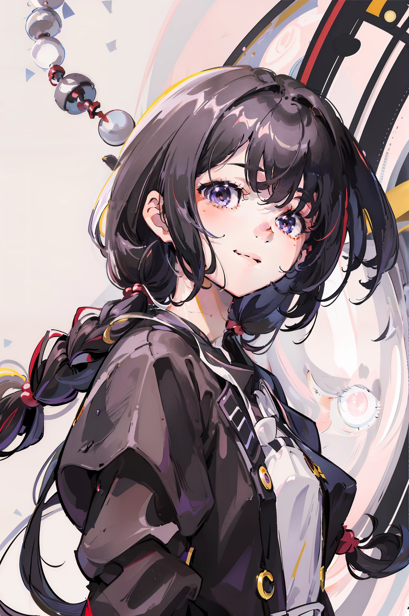 masterpiece, best quality, Homura,bangs,black hair, hair bobbles, light smile, streaked hair, mole under eye, glint, anime style, best quality,upper body,hair strand,Fair skin,side braids