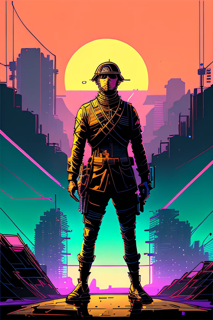 (nvinkpunk:1.2) snthwve style french soldier during world war 1, lightwave, sunset, intricate, highly detailed