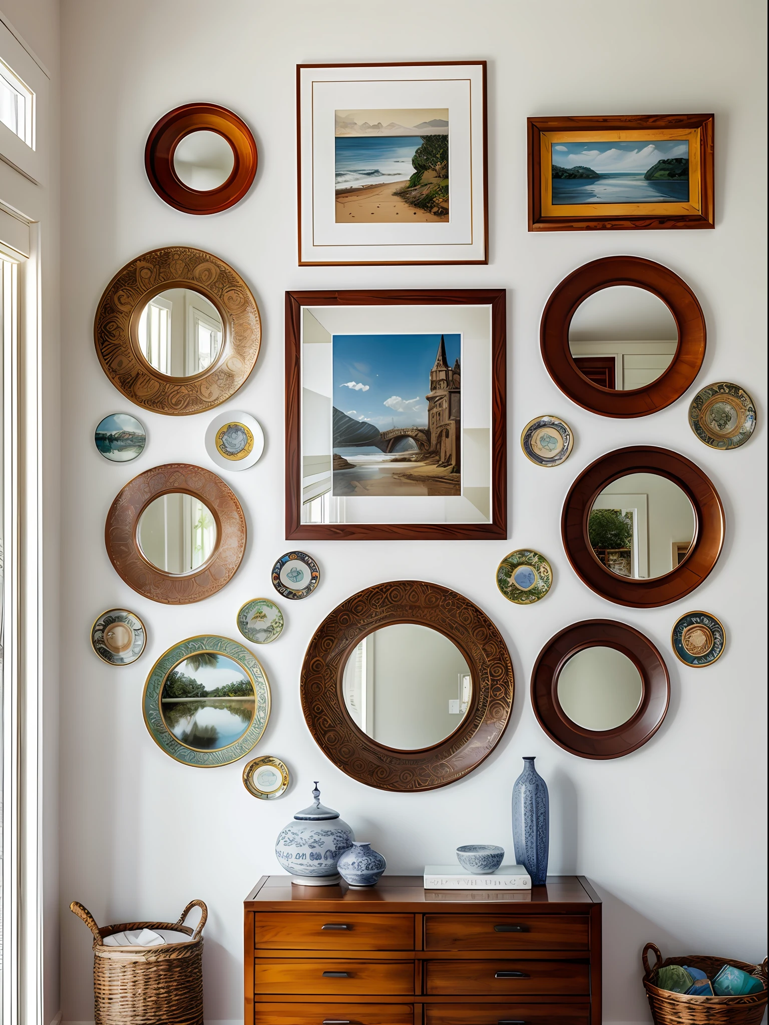 Beautiful Gallery wall with a mix of art, 1 mirror, and decorative plates.