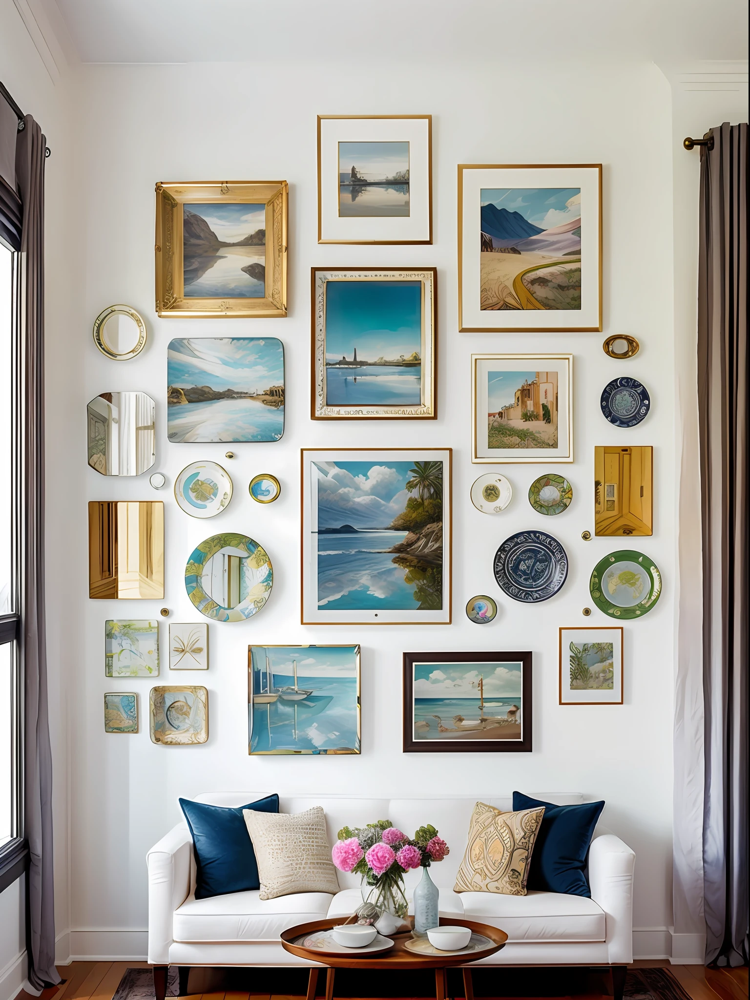 Beautiful Gallery wall with a mix of art, 1 mirror, and decorative plates.