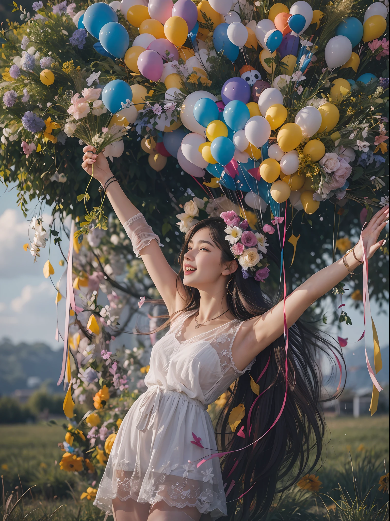 A 22-year-old girl holds flowers，There are colorful balloons floating in the sky，grassy fields,Dance,Holding flowers，cabelos preto e longos，cheerfulness，Rejoice，Perfect quality，Clear focus（Clutter - home：0.8）， （tmasterpiece：1.2） （realisticlying：1.2） （Bokeh） （best qualtiy） （detailedskin：1.3） （complexdetails） （8K） （detailedeyes） （Sharp focus）,（having fun）Elevation angle