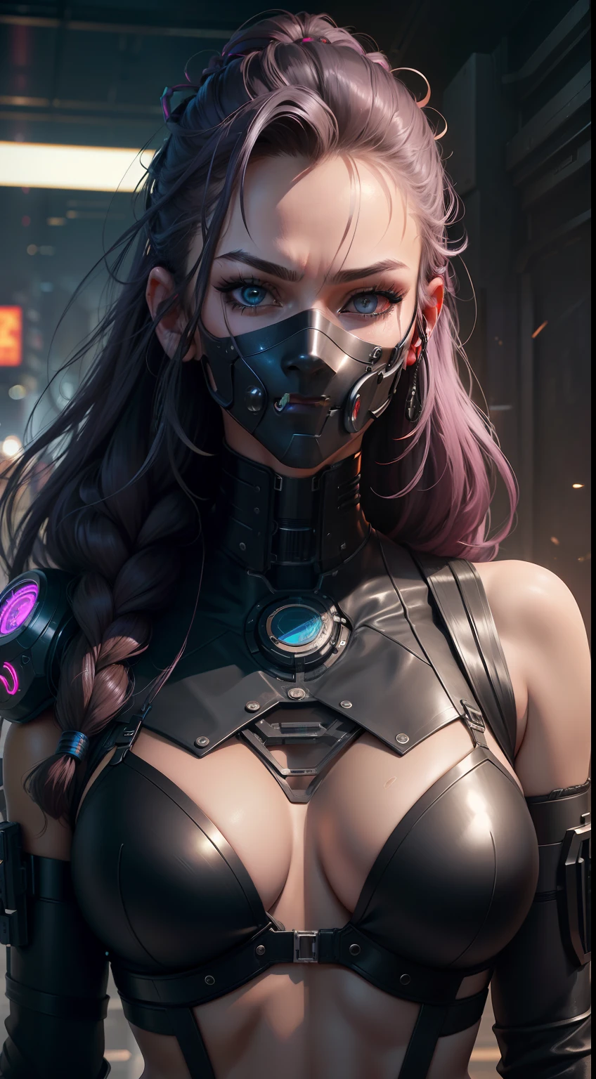 (A cyberpunk woman),age 22,full bodyesbian,Beautiful facial details,with long coiled hair,Metal masks,Mechanical body,Carbon fiber texture,thick thight,Broken top,Highest image quality,photo-realism,High detail skin,Realistic skin,Visible pores