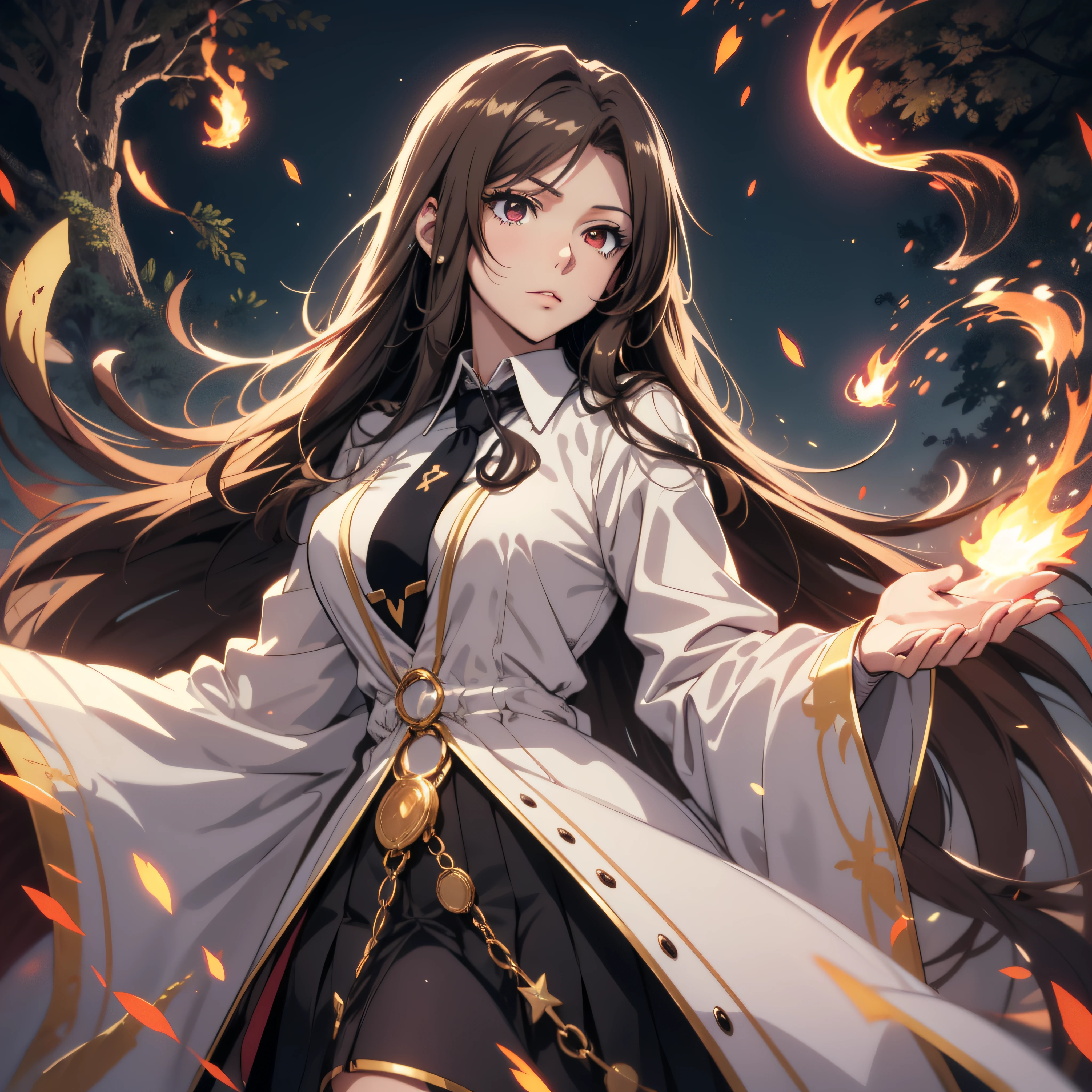 (ultra-detailed, perfect pixel, highrest, best quality), 20 years old Anime girl, smooth anime artstyle, long raven hair, slightly wavy hair, parted bangs, brown hair, gradient hair color, Magus, red eyes, detailed eyes, beautiful eyes, long black coat, white shirt, ((neckwear, long tie)), black skirt, aristocrat, noble attire, beautiful, ethereal, elegant, prestigious, dark forest background, particle effect, smoke effect, fire flame, lightning, magic light, standing, looking at viewer