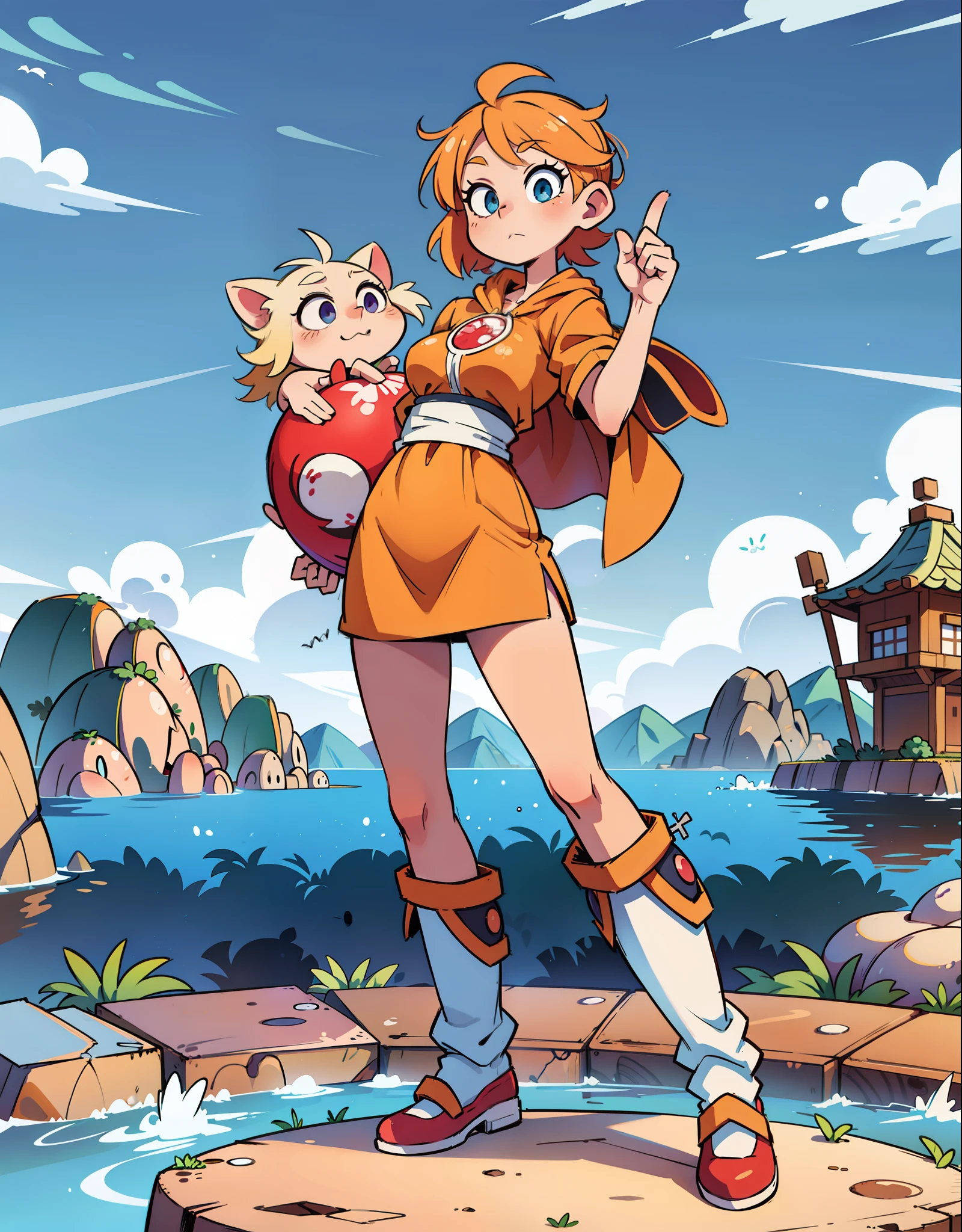 best qualtiy，cartoony，1个Giant Breast Girl，big headed，largeeyes，Anime