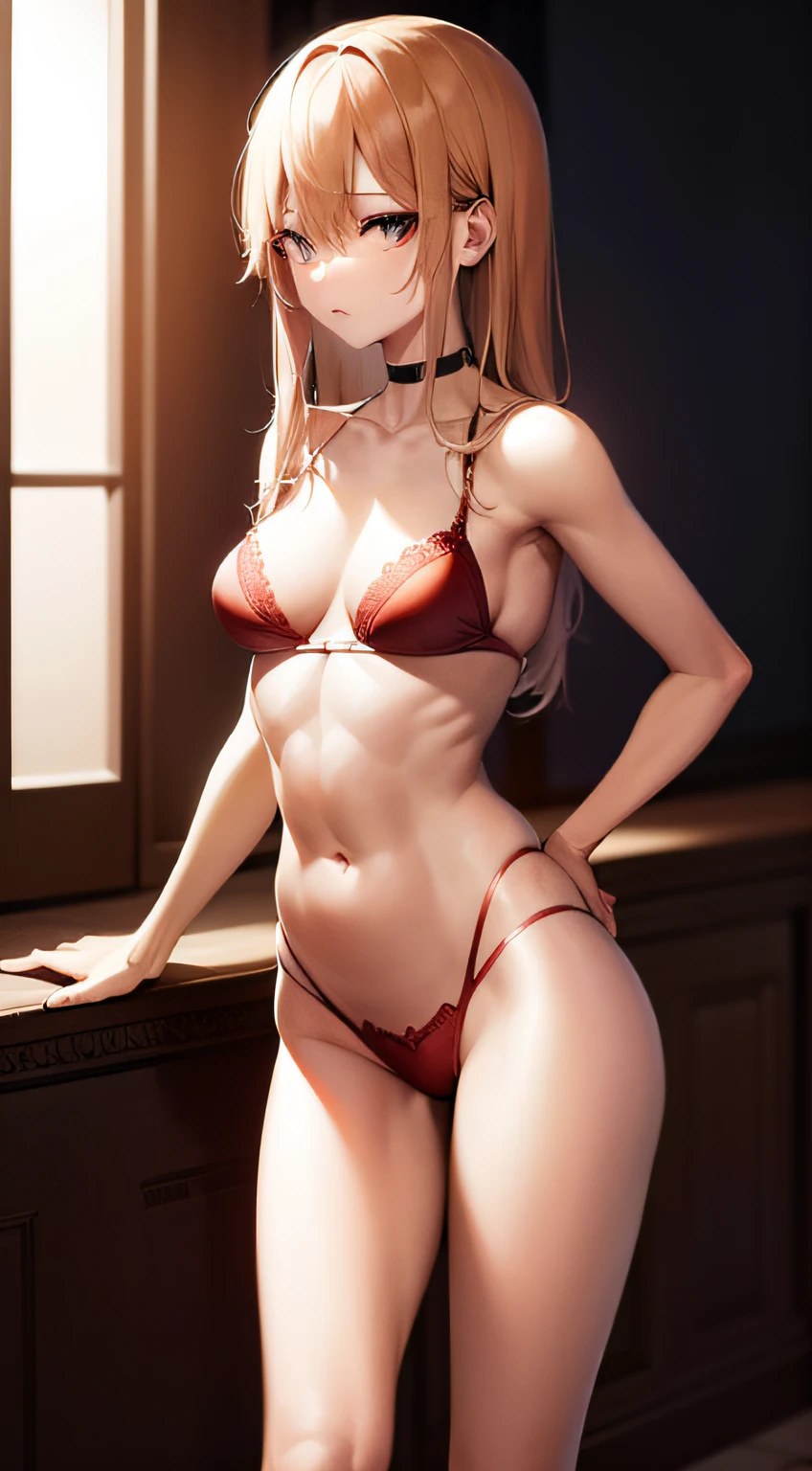 best qualtiy,Refined face,25岁少女,Slim body,Abs,A body made of metal,Plump,Peach buttocks,Wearing a red lace bikini,Metallic structural skeleton,In the room,Stand up