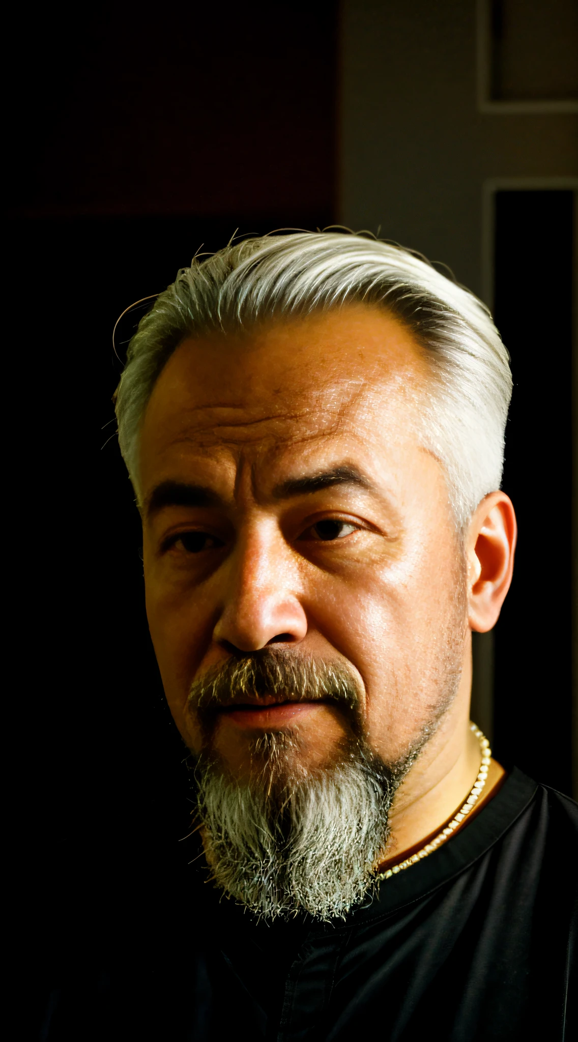 The bearded and black shirt Arad man looked at his phone, Outsmart Hiroshi, shinji kimura, yukio - e, masahiro ito, inspired by Gigadō Ashiyuki, takumi fujiwara, Chiba Yuda, mamoru ushii, yoshiyuki sadamoto,Older,a old man,White color hair