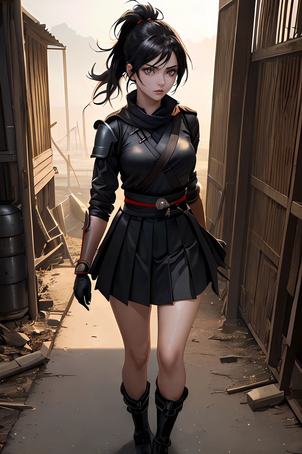 ((((dramatic))), (((gritty))), (((intense))),anime character,1girl, solo, dark black hair,tied up hairstyle, wearing gloves, wearing samurai armor, wearing a skirt, modern art, hair covering eyes, forest, beautiful face, beautiful eyes, vibrant colors, night, highest quality digital art, Stunning art, wallpaper 4k,8k,64k, HD, unparalleled masterpiece, dynamic lighting, cinematic, epic, full body, hazel eyes