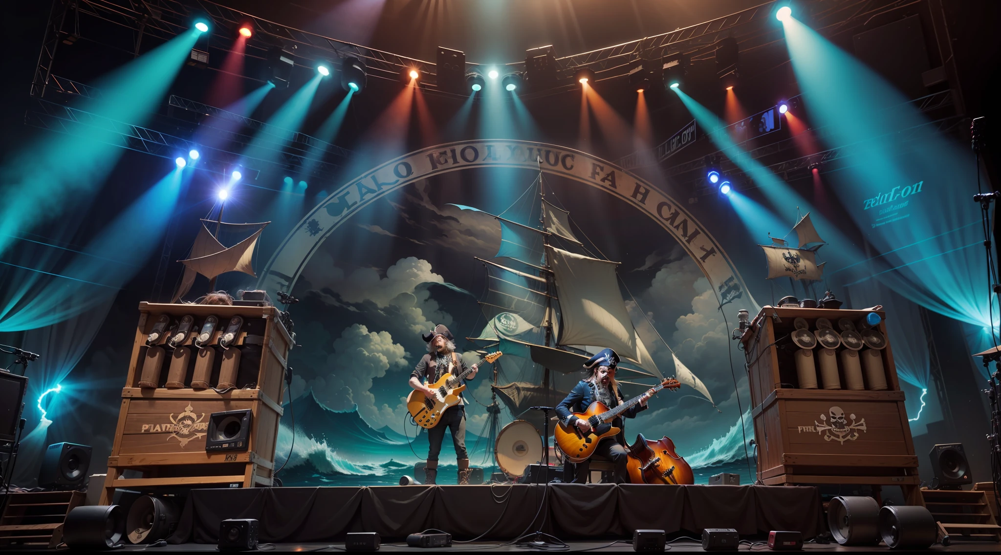A stage in the shape and appearance of a pirate ship, behind the backdrop of the pirate ship a huge LED screen illustrates the sea and sky. O palco tem altura de 6m, um comprimento de 20m e uma largura de 10m, reflectors and colored lighting. no palco, a pirate playing an electric guitar, another pirate playing electric double bass, um terceiro pirata tocando a bateria no fundo do palco, e um quarto pirata tocando guitarra e cantando na frente do palco