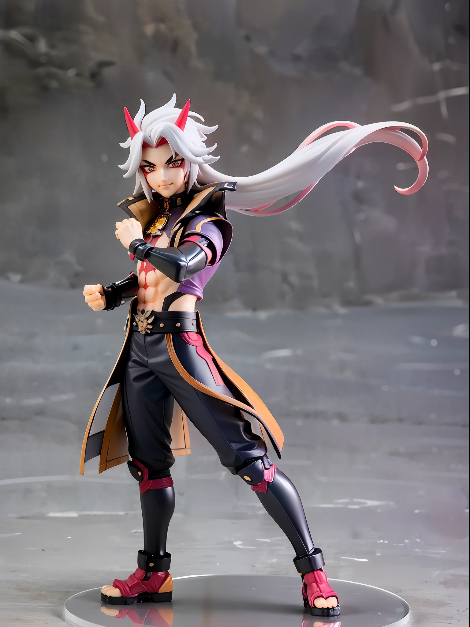 (Blind box toy style:1.3), (Full body shot) , 1 masterpiece, Best quality, ((anatomy correct,1 boy solo)),(arataki itto:1.2) (Genshin Impact), laugh,male focus, black nails, arataki itto, red horns, solo, long white hair, Clean, Clean dark background (circular base)( Global illumination, Ray traching, hdr, unreal render,reasonable design, high detal, Masterpiece, Best quality, hyper HD, Cinematic lighting)