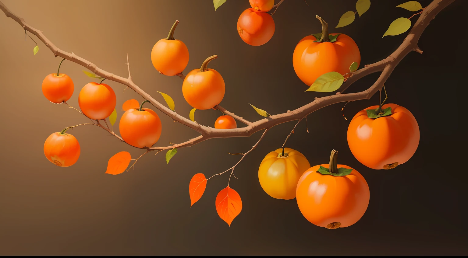 Hand painting,The branches are covered with persimmons with branches and leaves,The leaves are green,Persimmon orange,Solid background color