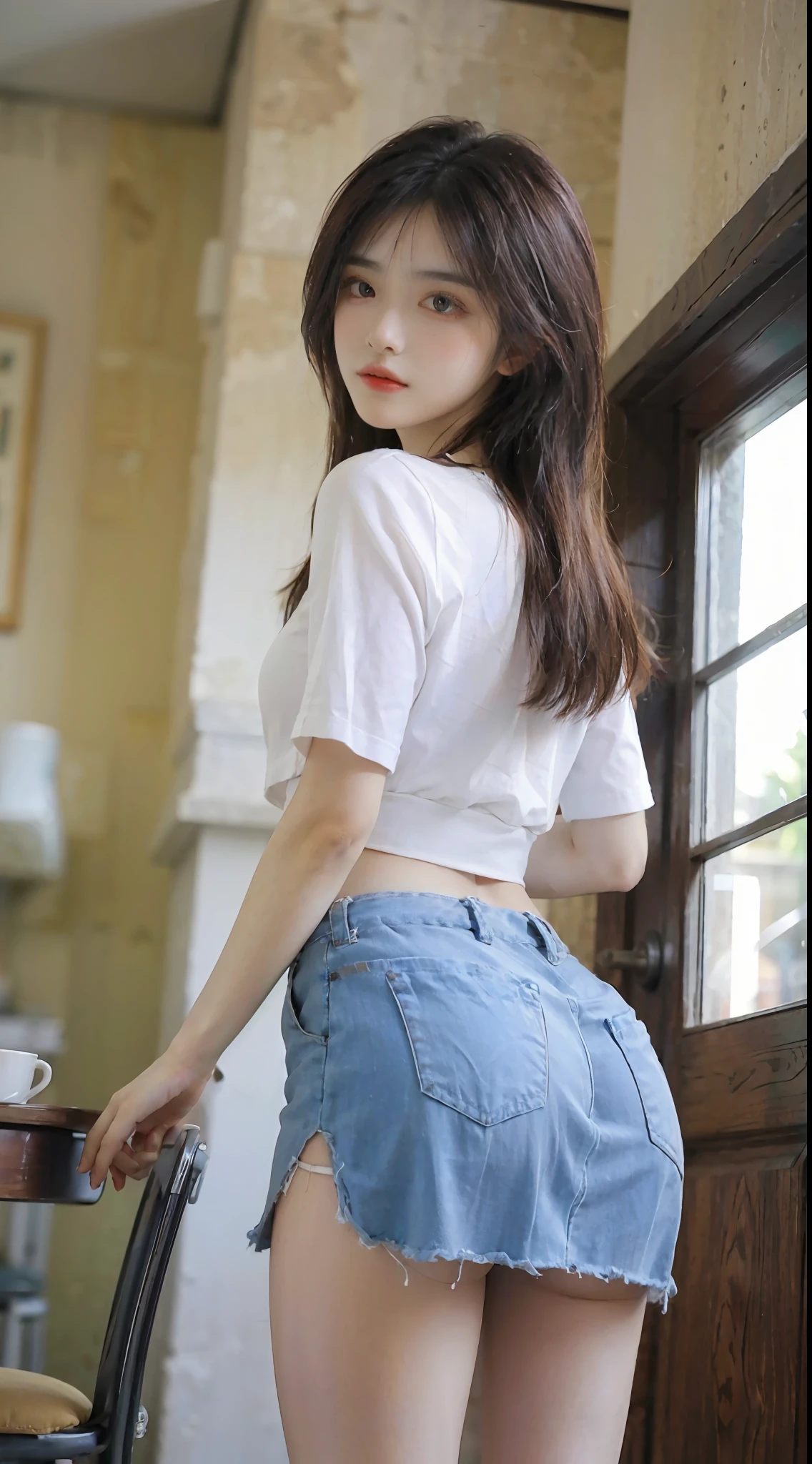 tmasterpiece，best qualtiy，ultra - detailed，illustratio，Falt color，depth of fields，lens flare glow，1girll，Hong Kong beauty，Royal sister style，Raised sexy，sitted，brunette color hair，doorways，see-through miniskirt，（ Rounded ass），（Butt to the camera:1.4）,（full bodyesbian），Split legs，（ass close up），Transparent and simple clothing，Detailed skin texture，Nice and delicate face，full bodyesbian，Sexual obsession，mature，infatuated，