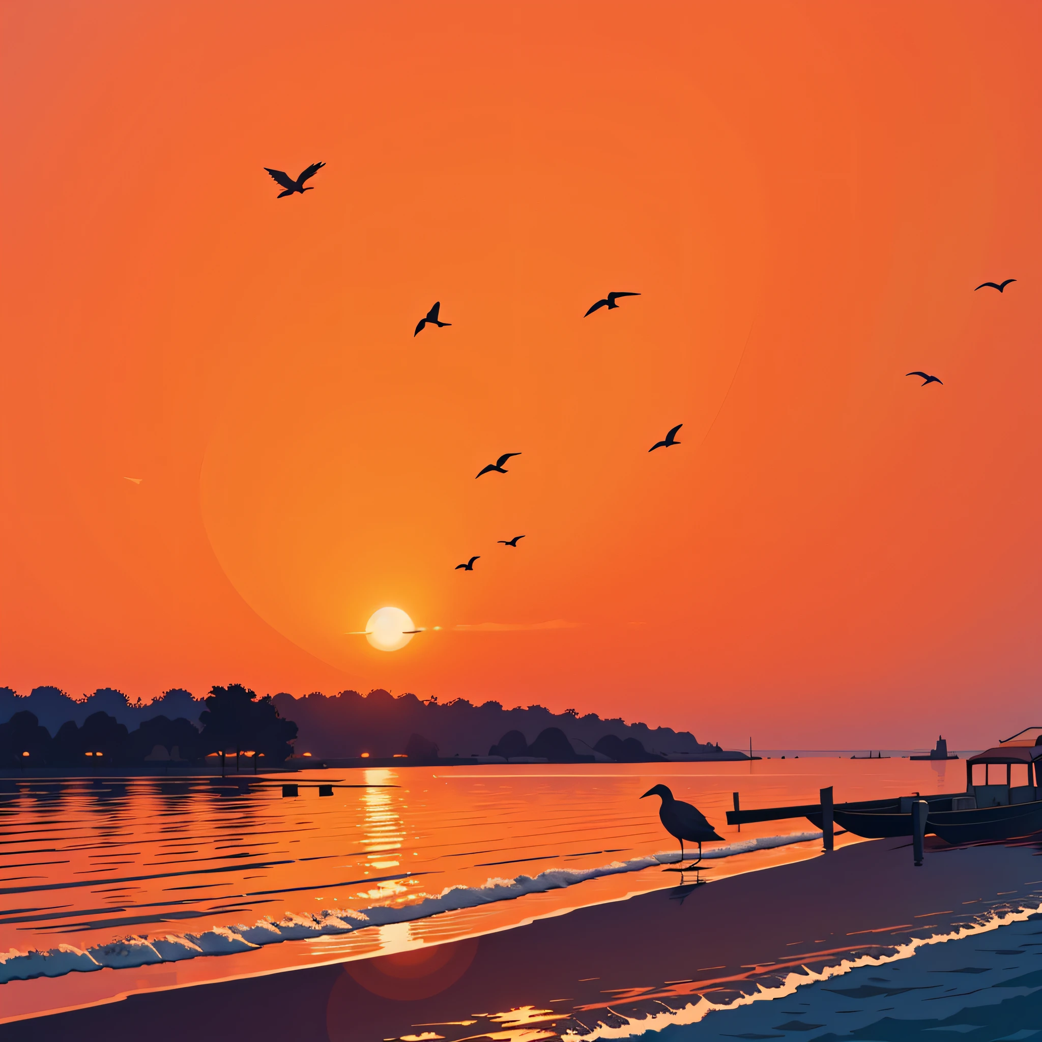 Birds on the water at sunset,Bright orange sky, a picture by Karl Völker, pexels, romanticism lain, the glimmering orange dawn, Early morning sunrise, Morning sunrise, orange sun set, beautiful sunrise, The most beautiful sunset,, Orange sunset, colours of the sunset, orange dawn, sun at dawn
