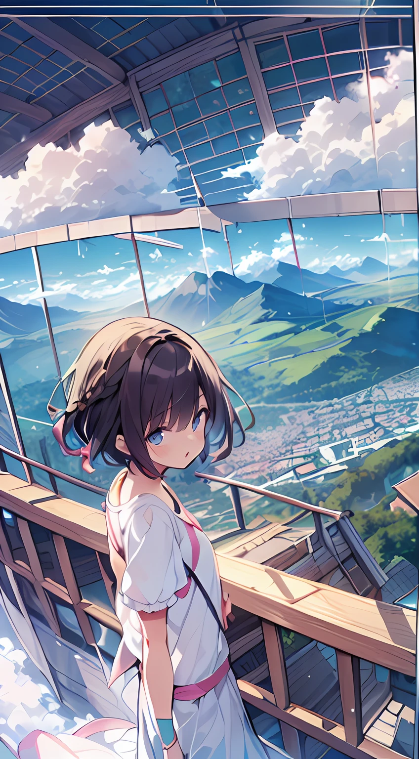 masutepiece, Best Quality,Illustration, Wallpaper, Ultra Detail, absurderes, 1little girl、 Solo, (Medium short hair、short braided hair), Beautiful ultra-detailed eyes , Hair fluttering in the wind、:o、 Beautiful sky、(a panoramic view:1.5)