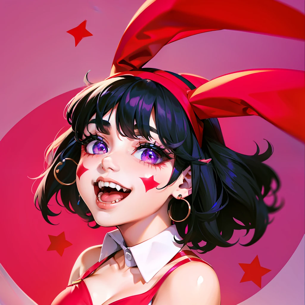 A clown woman，Wearing the clothes of a bunny girl，Short black hair，Wears a red rabbit-ear headdress，Purple eye，There are stud earrings in the left ear，pointy nose