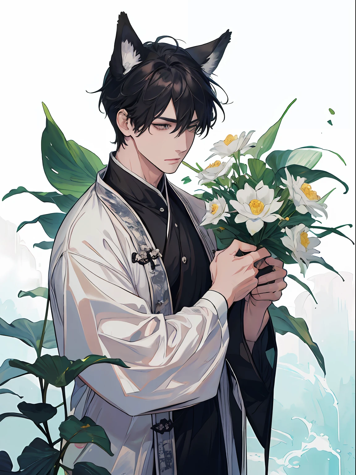 ((4K、masterpiece、top-quality))、(Two intimate men)、Gray-haired man with beautiful fox ears、Strong man with black hair with wolf ears、ink and watercolor painting、Traditional Chinese Ink Painting、lotuses、Hanfu、Maxi Kit、Dress conservatively、Animal ears,、bule、florals、Lots of flowers nearby、shenron、extra detailed face
