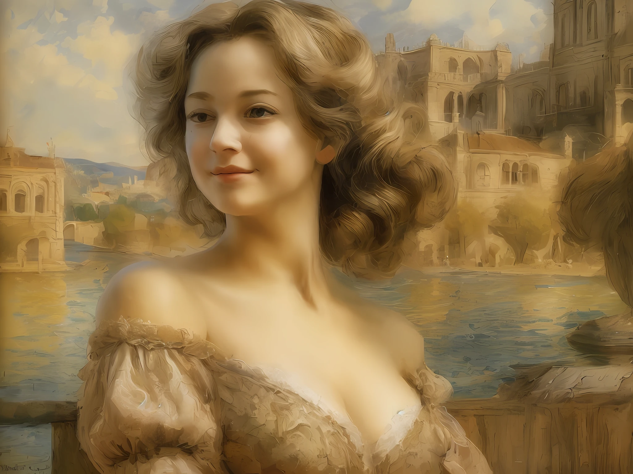 [beste-Qualit, tmasterpiece, extra high resolution, photo-realistic, in the style of pin-up, 1girl, off-shoulder, ssmile:20]Background, intricate Renaissance landscape, higly detailed, impressionism:0.2