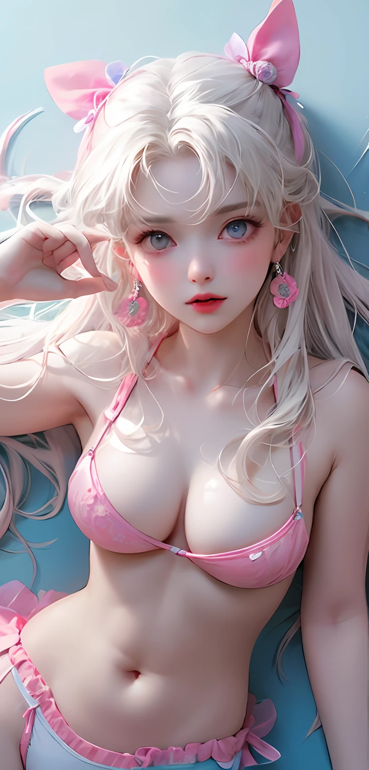 Light blue and pink color scheme, Sexy girl nipple, little body, Petite, White curly hair, Moaning，from the above