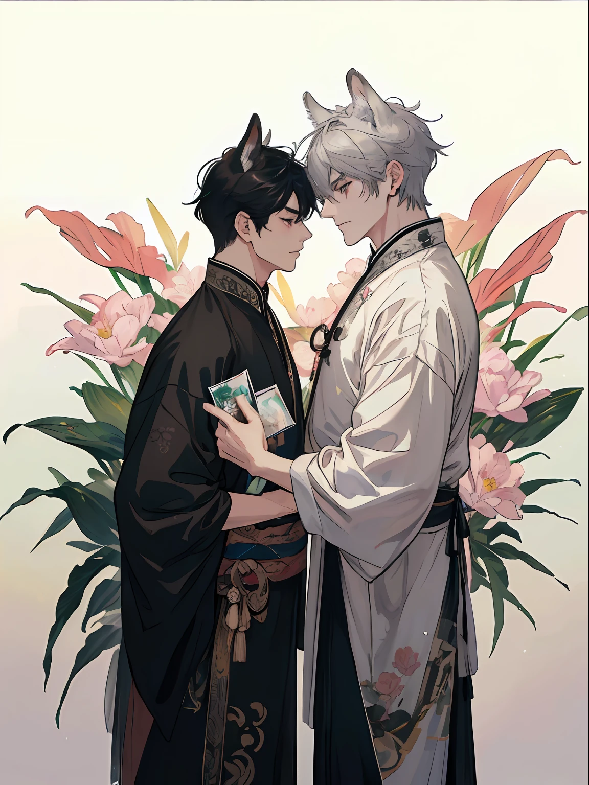 ((4K、​masterpiece、top-quality))、(Two men facing each other)、Gray-haired man with beautiful fox ears、Strong man with black hair with wolf ears、ink and watercolor painting、Traditional Chinese Ink Painting、lotuses、Hanfu、Maxi Kit、Dress conservatively、Animal ears,、bule、florals、Lots of flowers nearby、shenron、extra detailed face